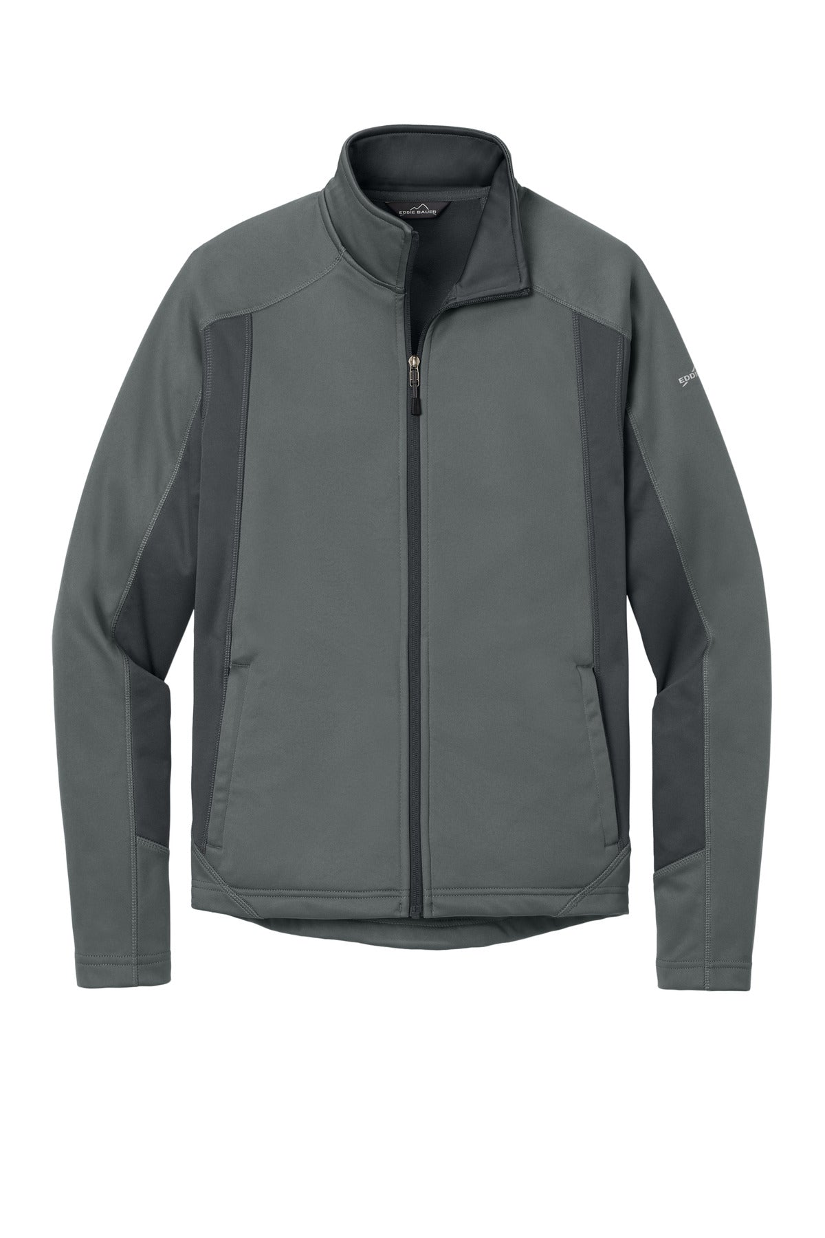 Front View of Metal Gy/Gy St Eddie Bauer Trail Soft Shell Jacket. EB542