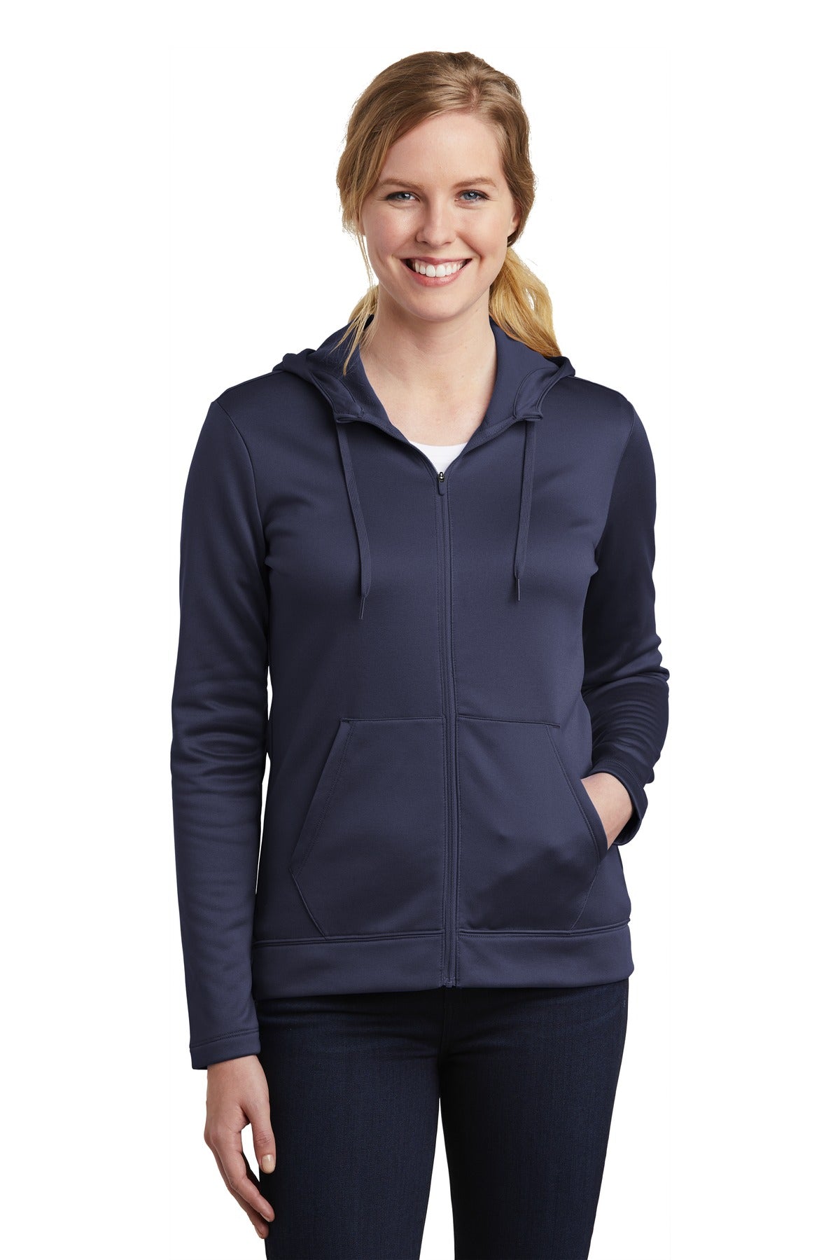 Front View of Midnight Navy Nike Women's Therma-FIT Full-Zip Fleece Hoodie. NKAH6264
