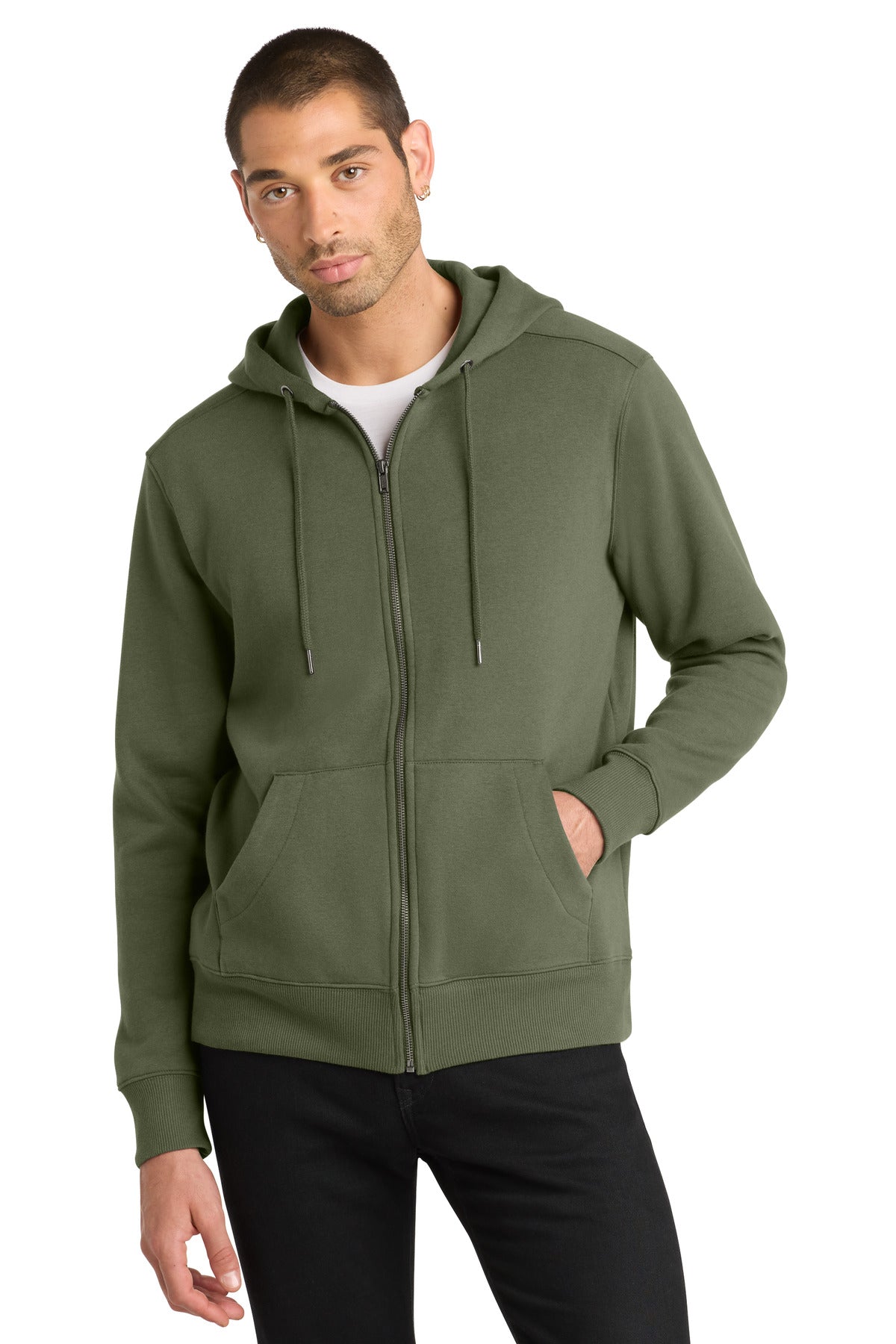 Front View of MilGreen District Perfect Weight Fleece Full-Zip Hoodie DT1103