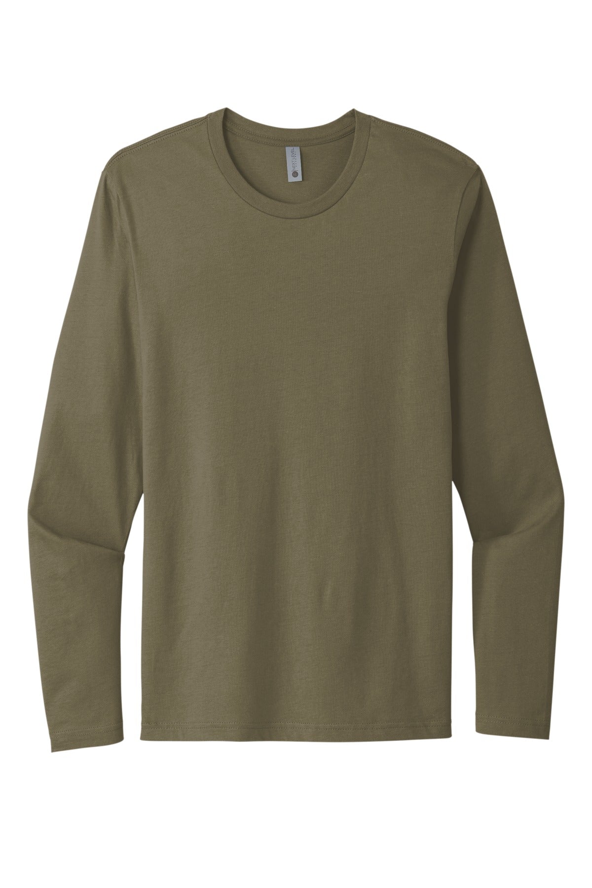 Front View of MilGreen Next Level Apparel Cotton Long Sleeve Tee. NL3601