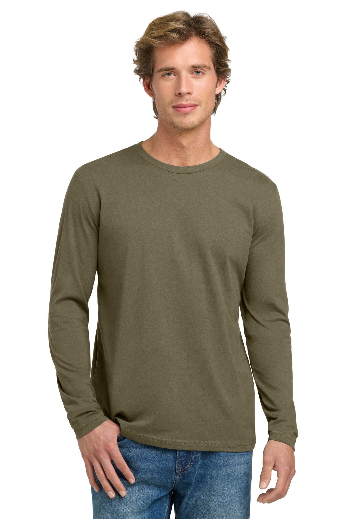 Front View of MilGreen Next Level Apparel Cotton Long Sleeve Tee. NL3601