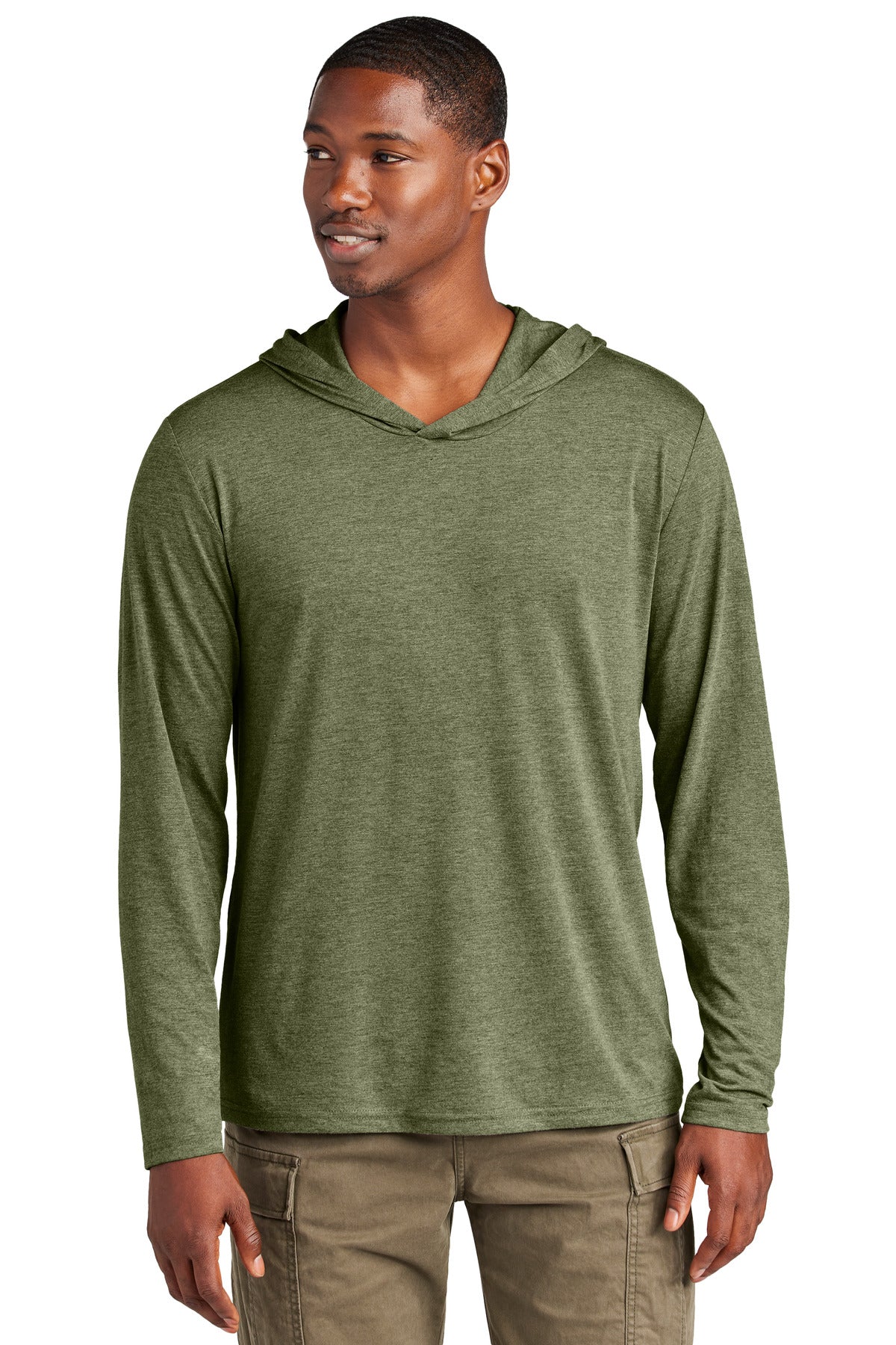 Front View of MilGrnFst District Perfect Tri Long Sleeve Hoodie. DM139