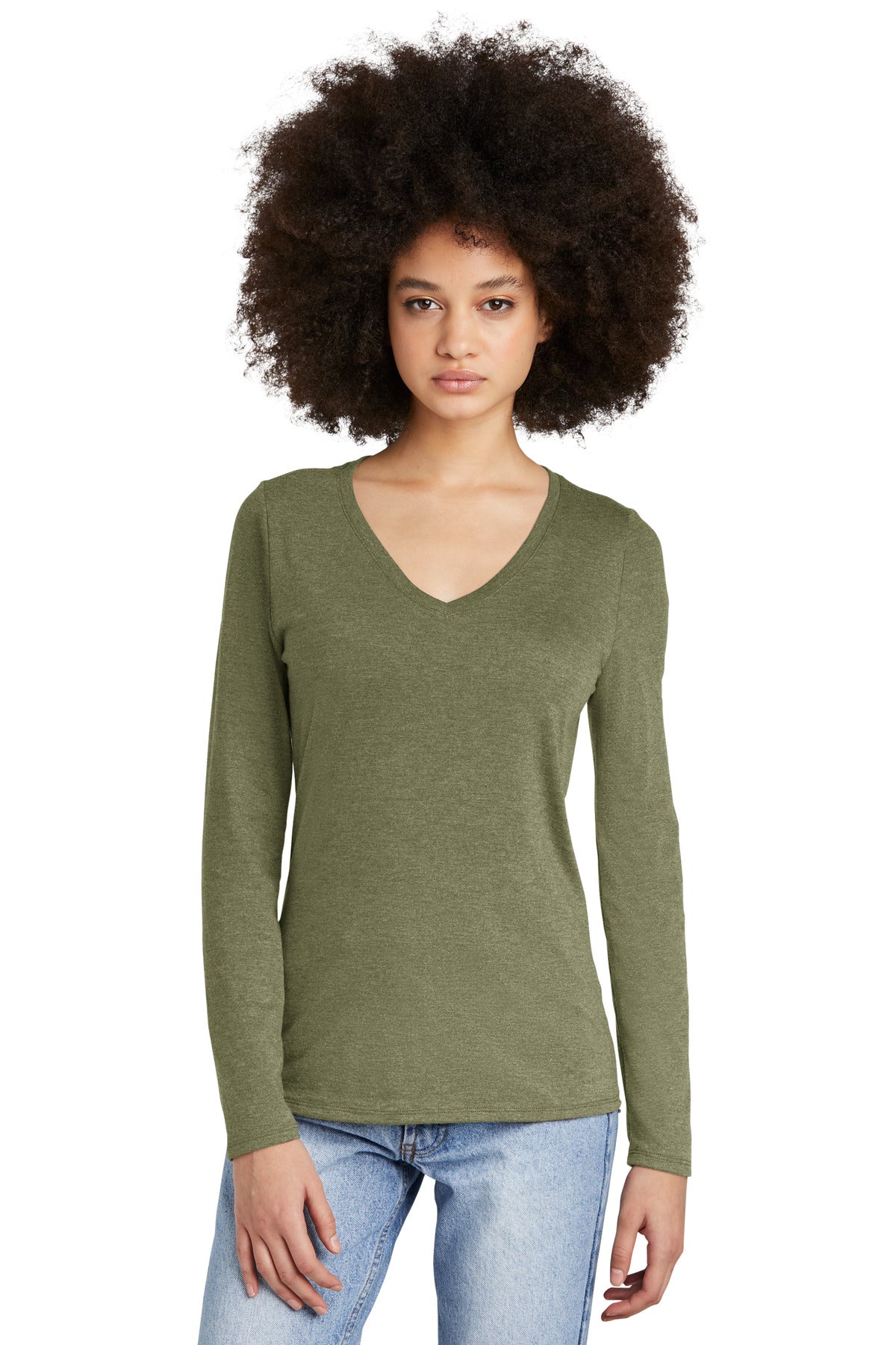 Front View of MilGrnFst District Women's Perfect Tri Long Sleeve V-Neck Tee DT135