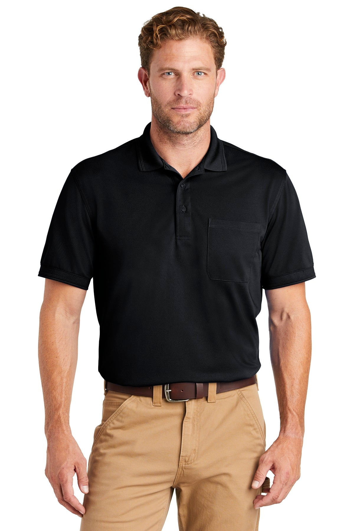Front View of Navy Blue CornerStone Industrial Snag-Proof Pique Pocket Polo. CS4020P
