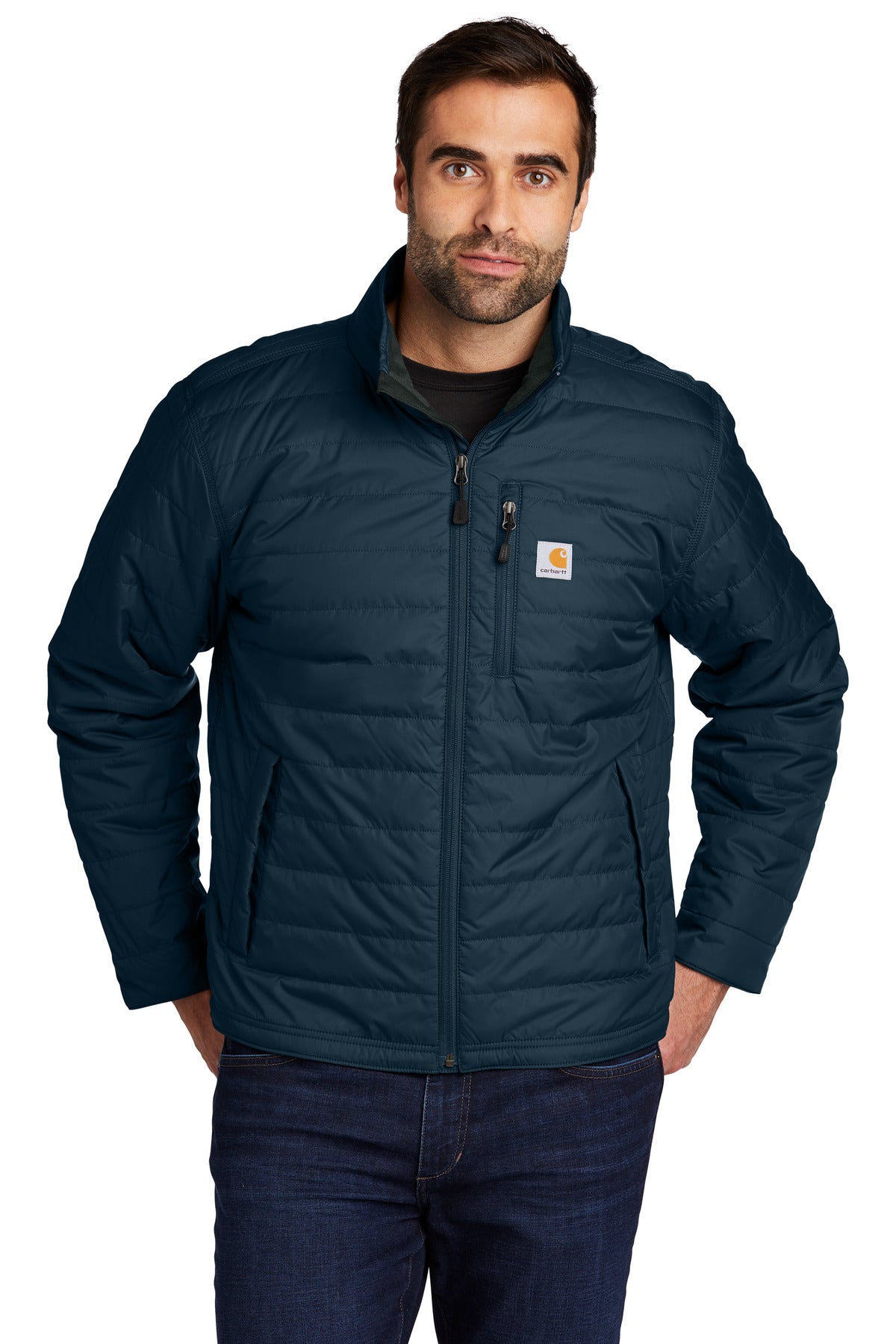 Front View of Navy Carhartt Gilliam Jacket. CT102208