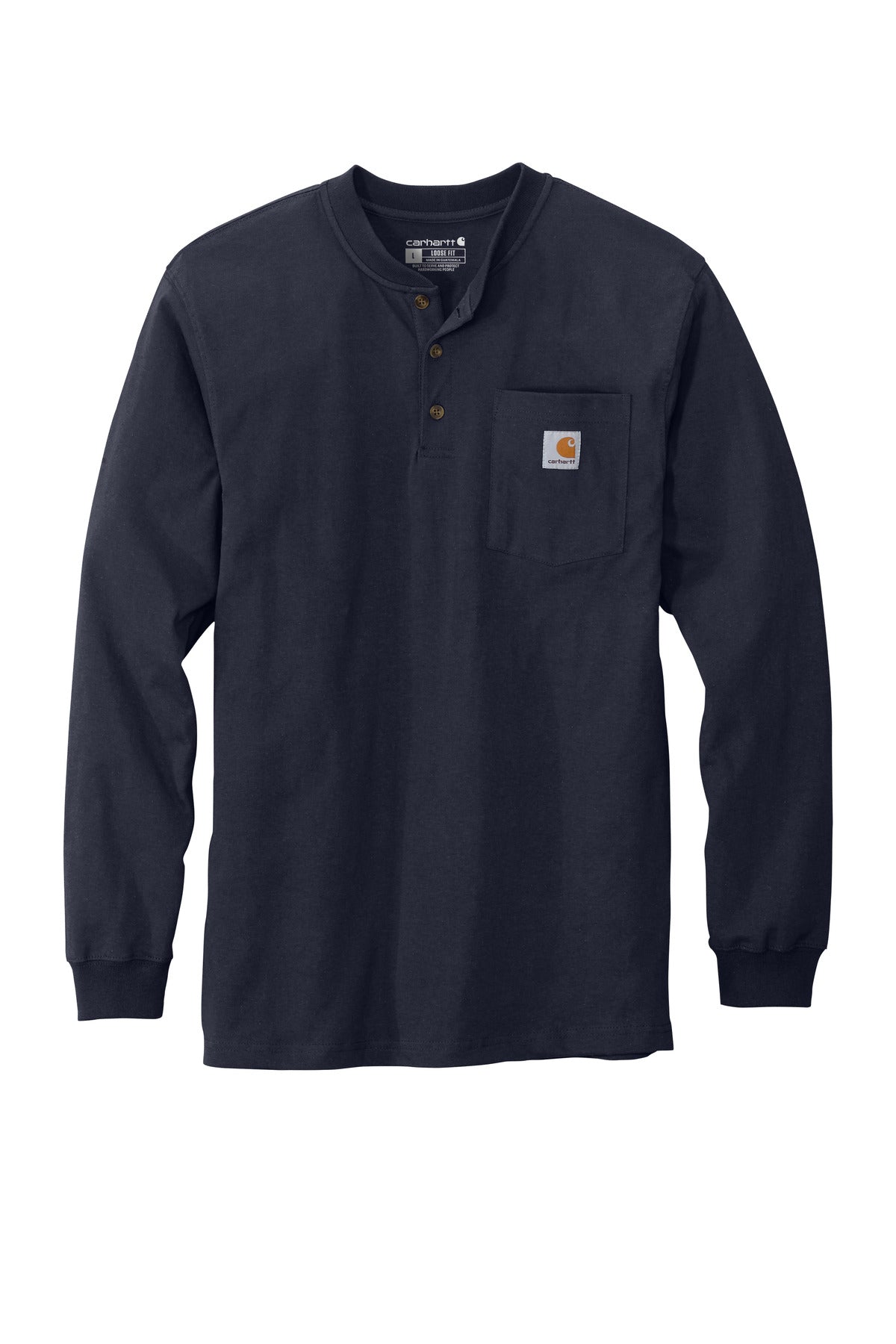 Front View of Navy Carhartt Long Sleeve Henley T-Shirt CTK128