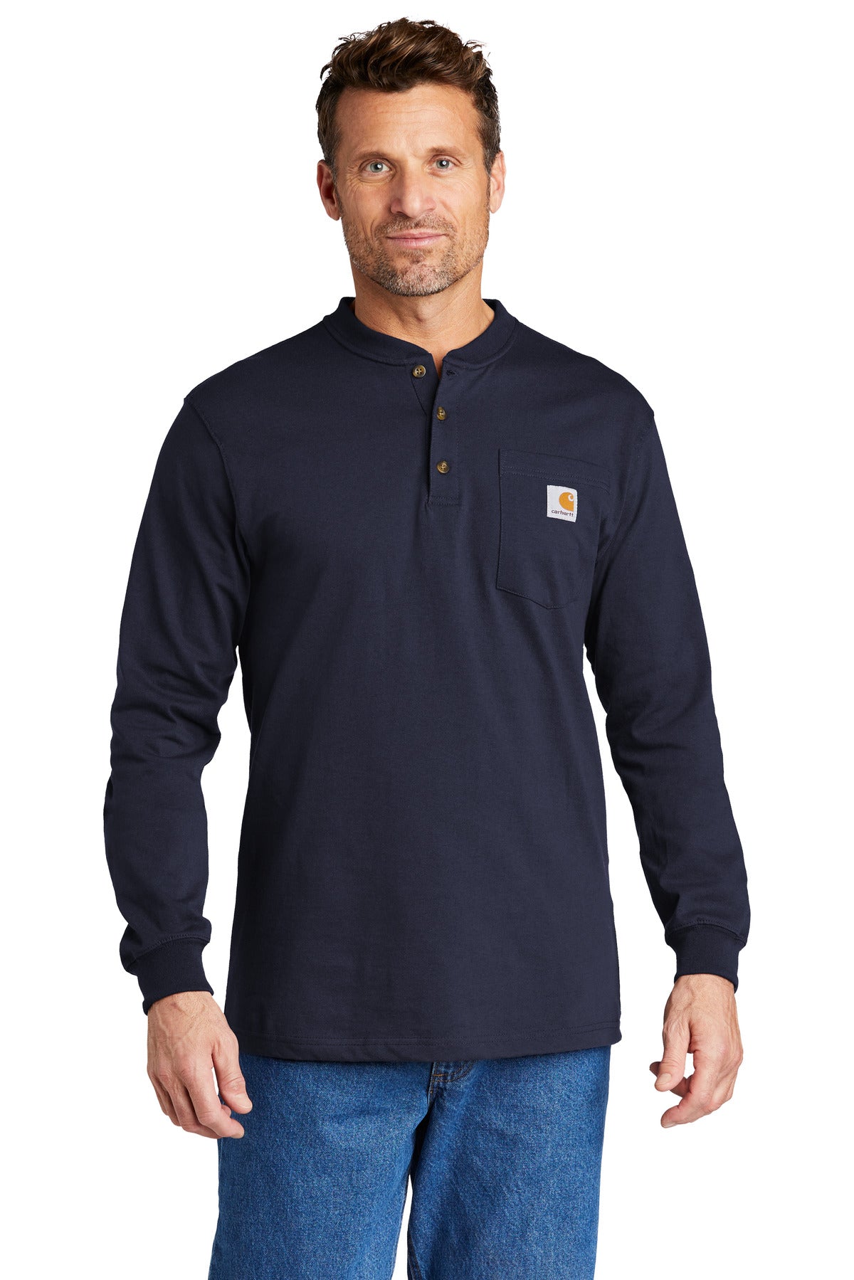 Front View of Navy Carhartt Long Sleeve Henley T-Shirt CTK128