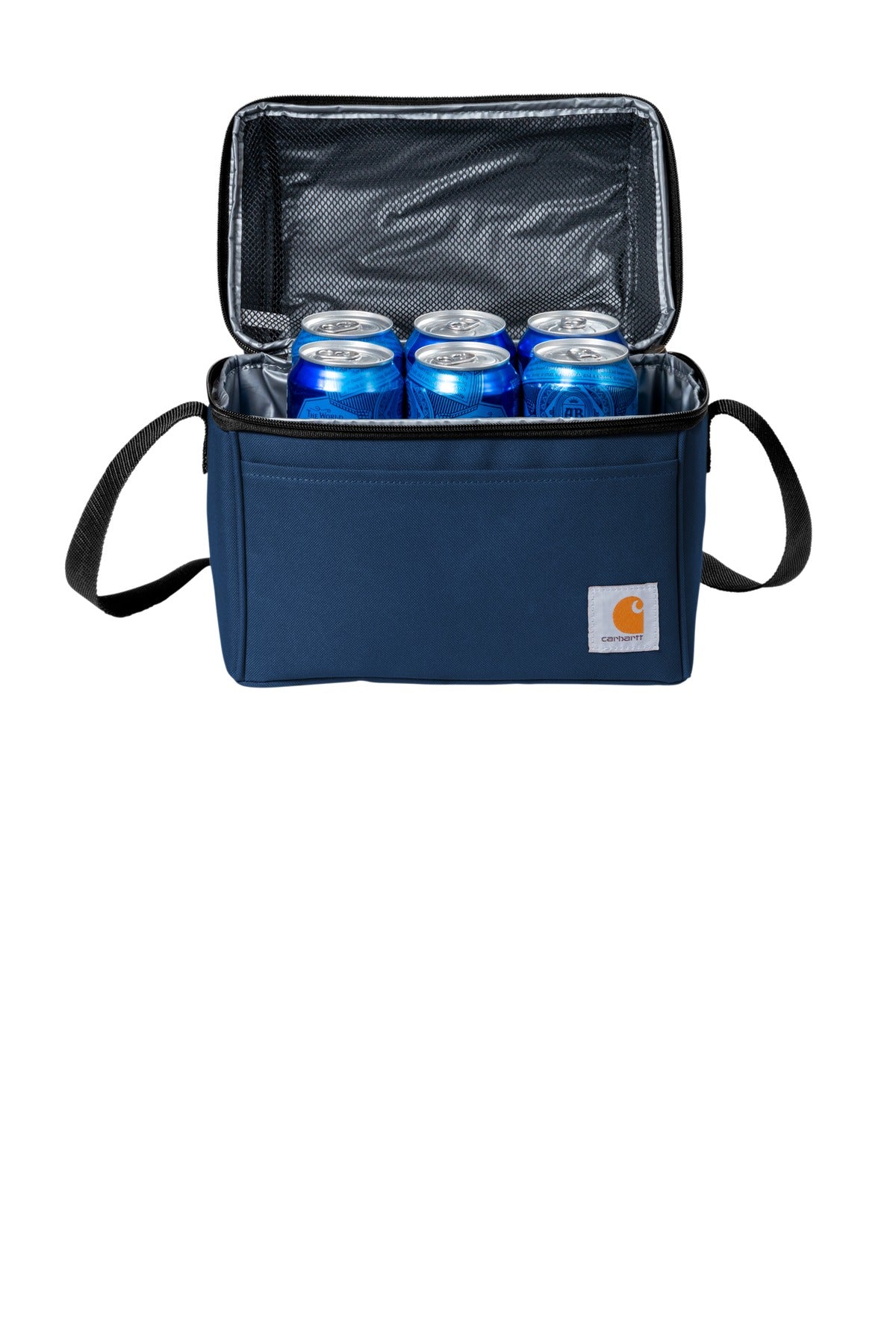 Front View of Navy Carhartt Lunch 6-Can Cooler. CT89251601