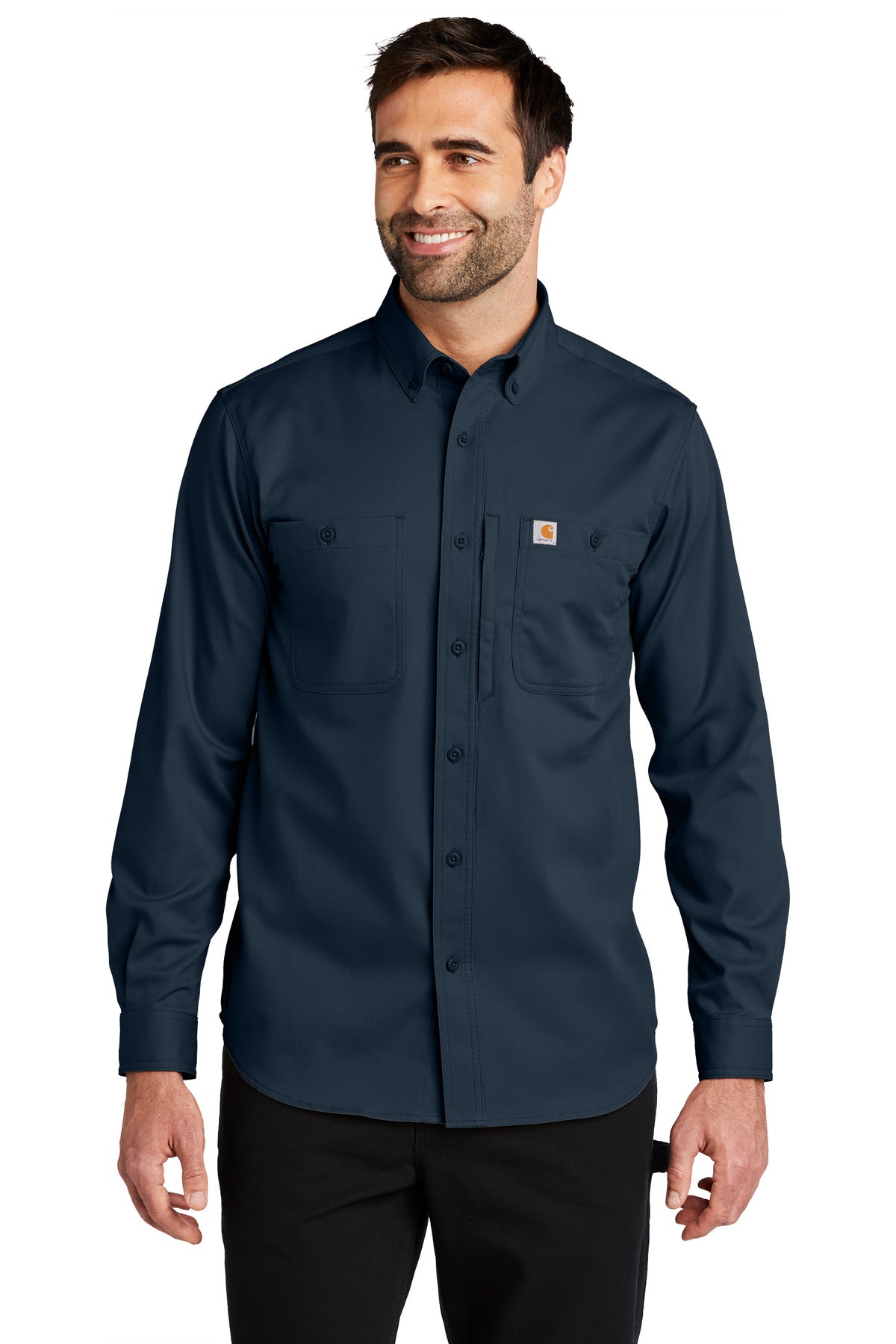 Front View of Navy Carhartt Rugged Professional Series Long Sleeve Shirt CT106689
