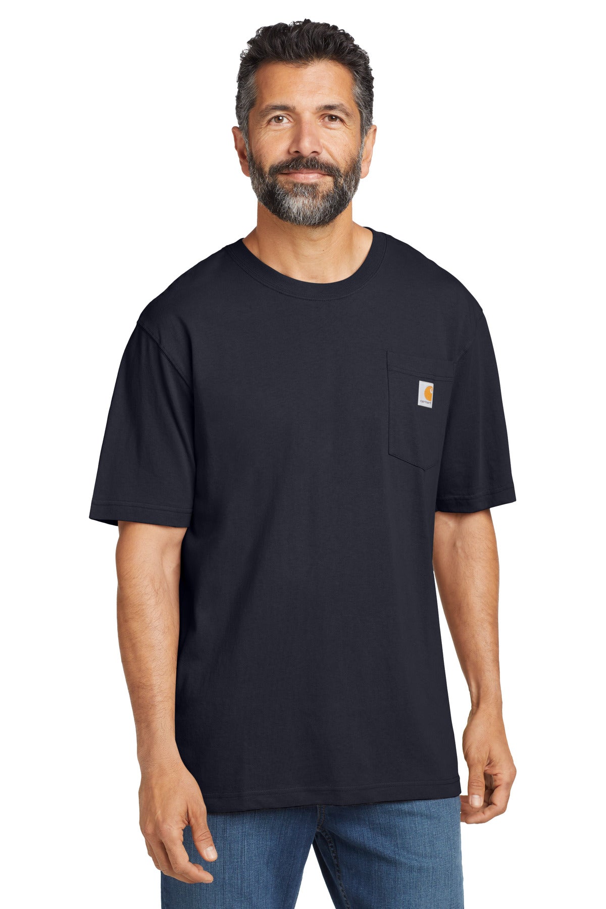 Front View of Navy Carhartt Tall Workwear Pocket Short Sleeve T-Shirt. CTTK87