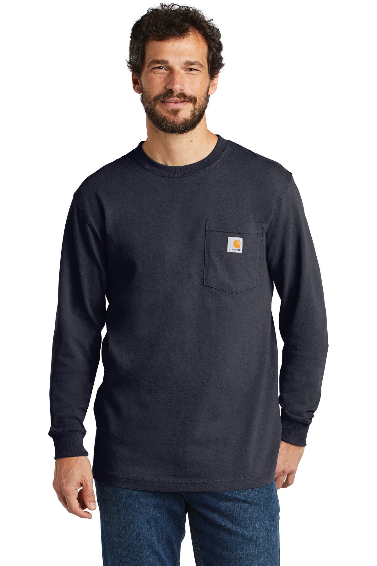 Front View of Navy Carhartt Workwear Pocket Long Sleeve T-Shirt. CTK126