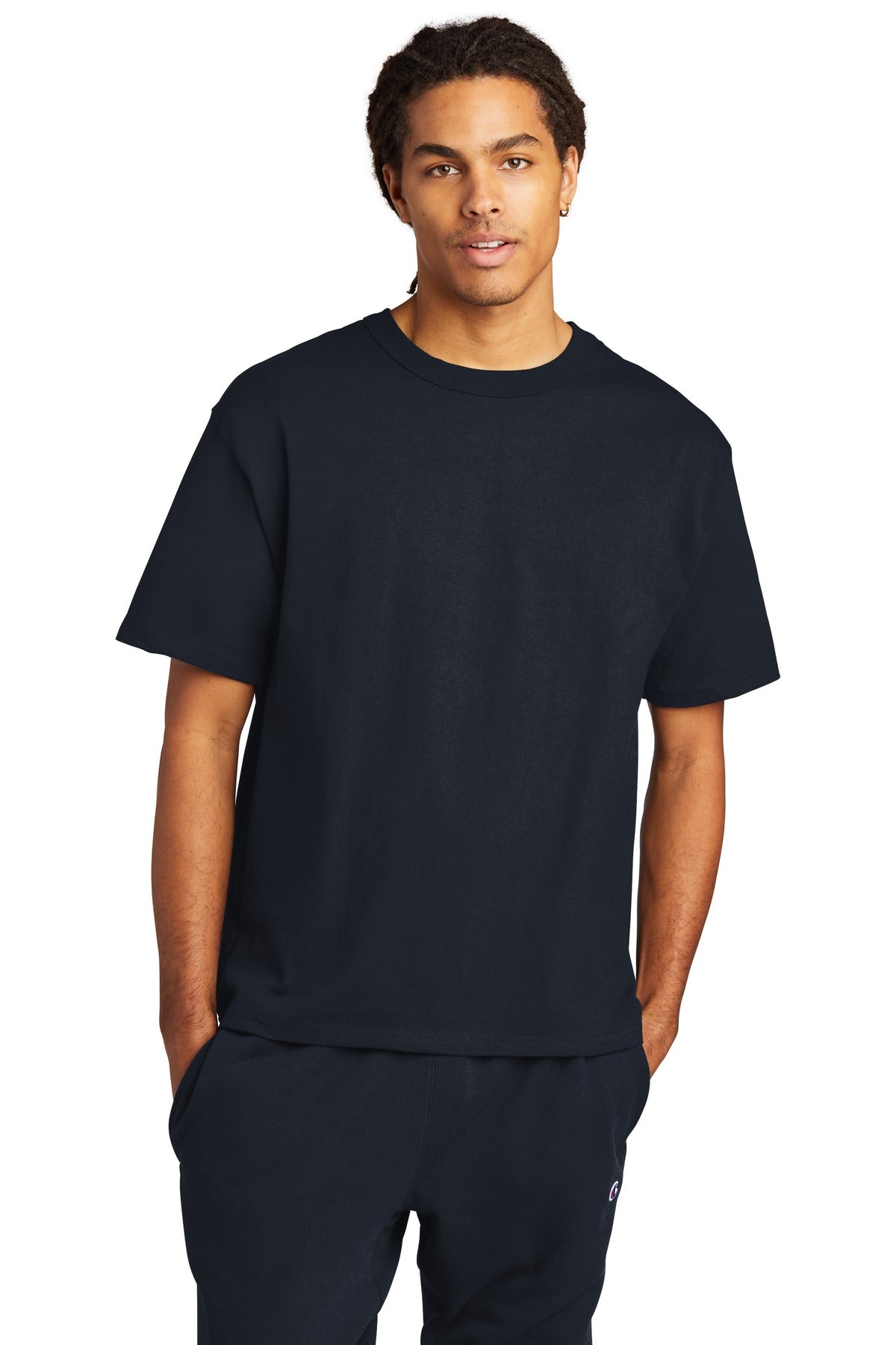 Front View of Navy Champion Heritage 7-Oz. Jersey Tee T105