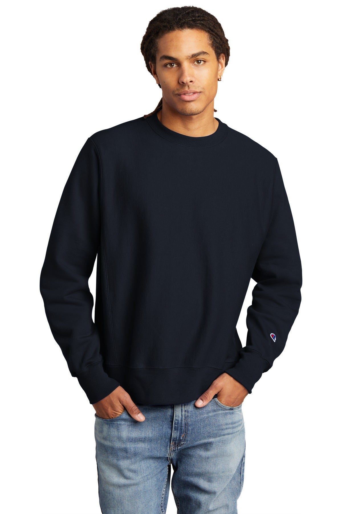 Front View of Navy Champion Reverse Weave Crewneck Sweatshirt S149