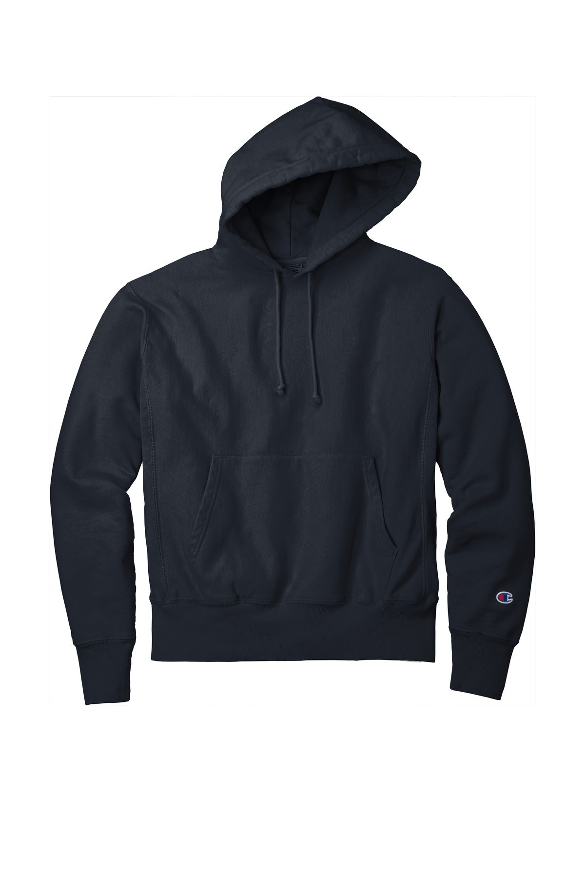 Front View of Navy Champion Reverse Weave Garment-Dyed Hooded Sweatshirt. GDS101