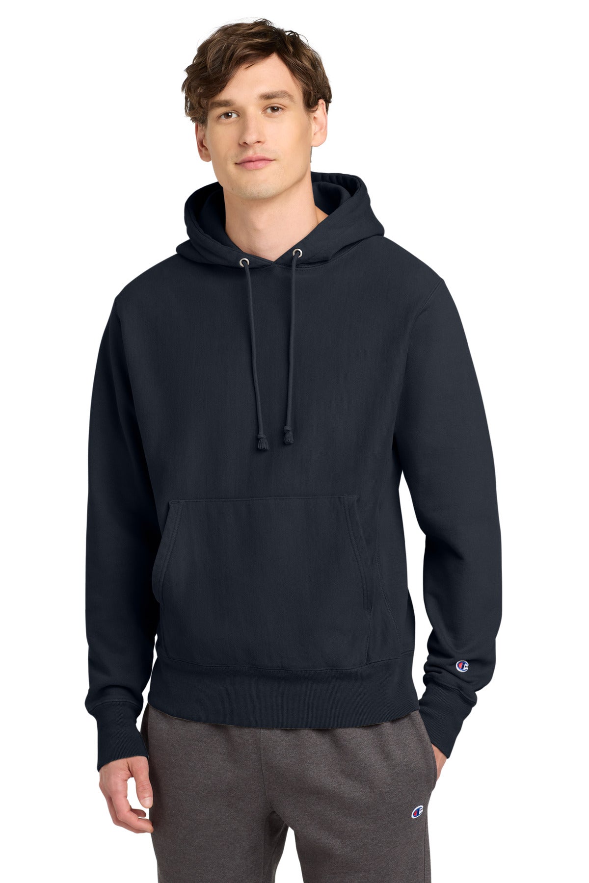 Front View of Navy Champion Reverse Weave Garment-Dyed Hooded Sweatshirt. GDS101