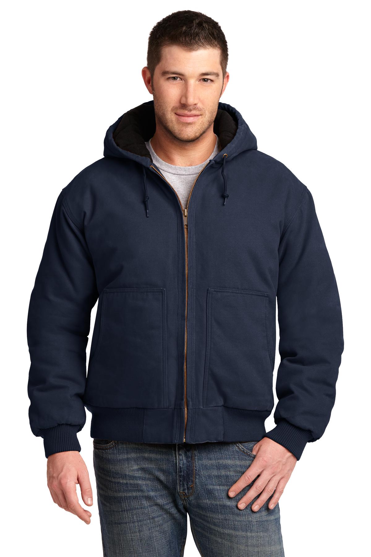 Front View of Navy CornerStone Washed Duck Cloth Insulated Hooded Work Jacket. CSJ41