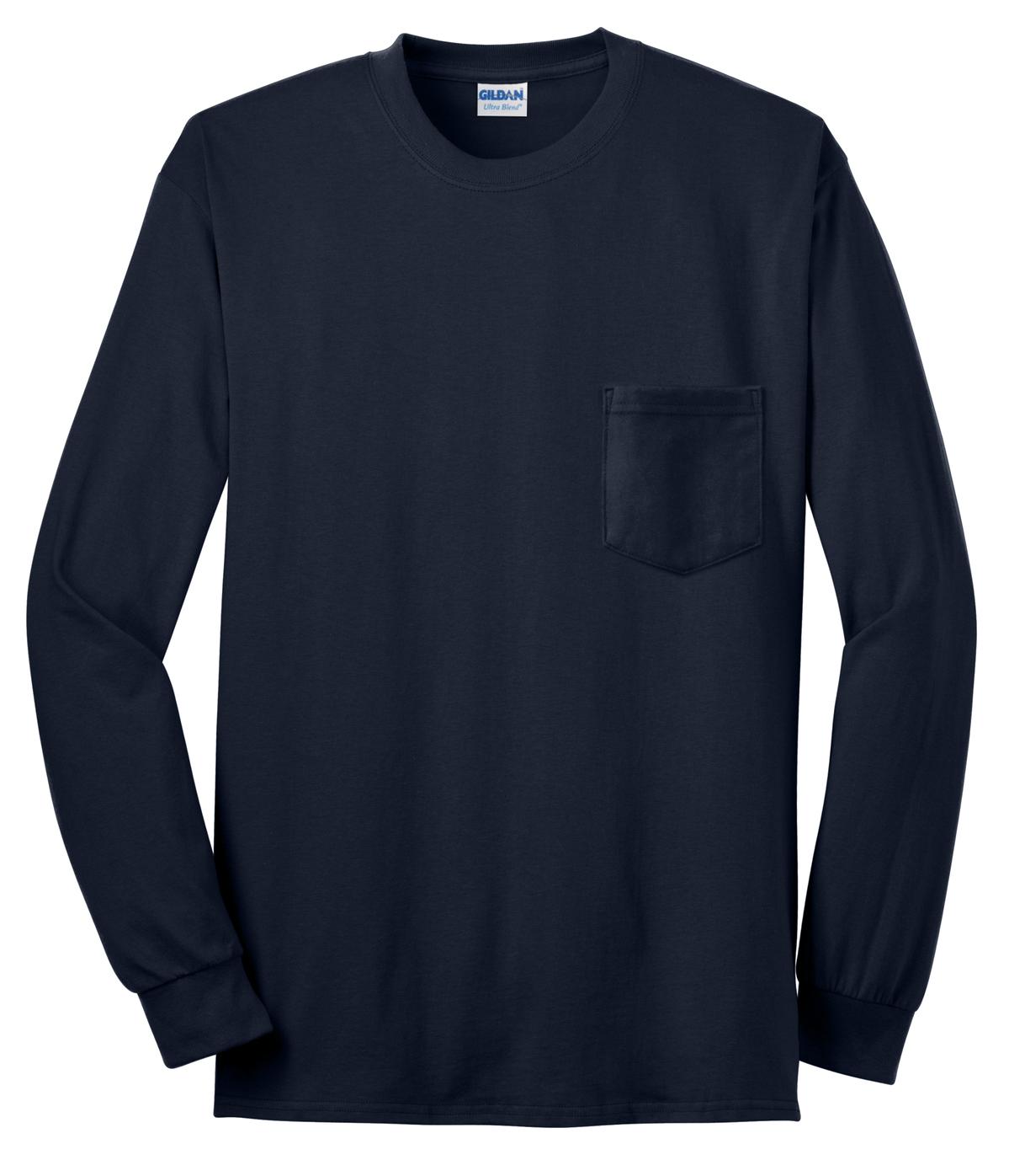 Front View of Navy Gildan - Ultra Cotton 100% US Cotton Long Sleeve T-Shirt with Pocket. 2410