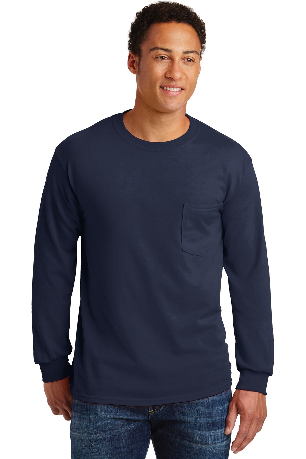 Front View of Navy Gildan - Ultra Cotton 100% US Cotton Long Sleeve T-Shirt with Pocket. 2410