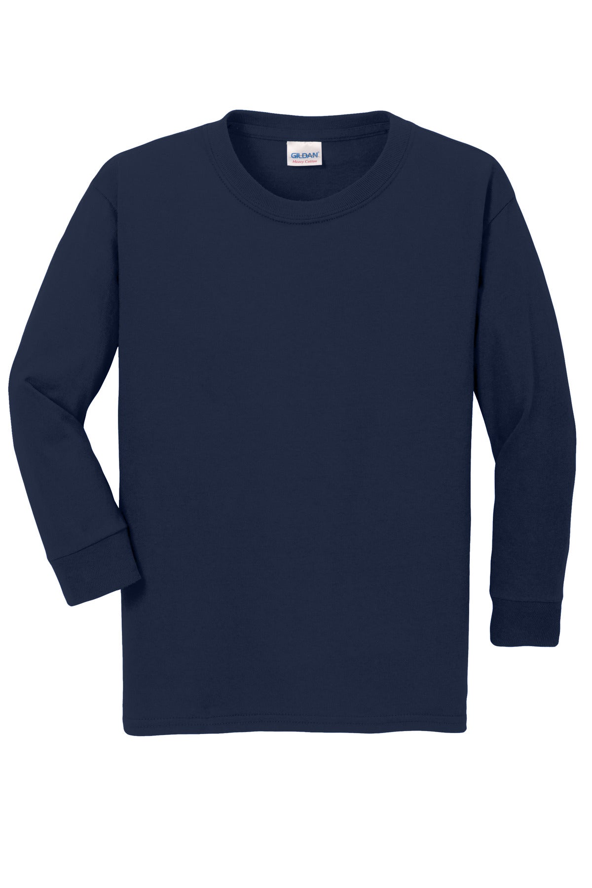 Front View of Navy Gildan Youth Heavy Cotton 100% Cotton Long Sleeve T-Shirt. 5400B