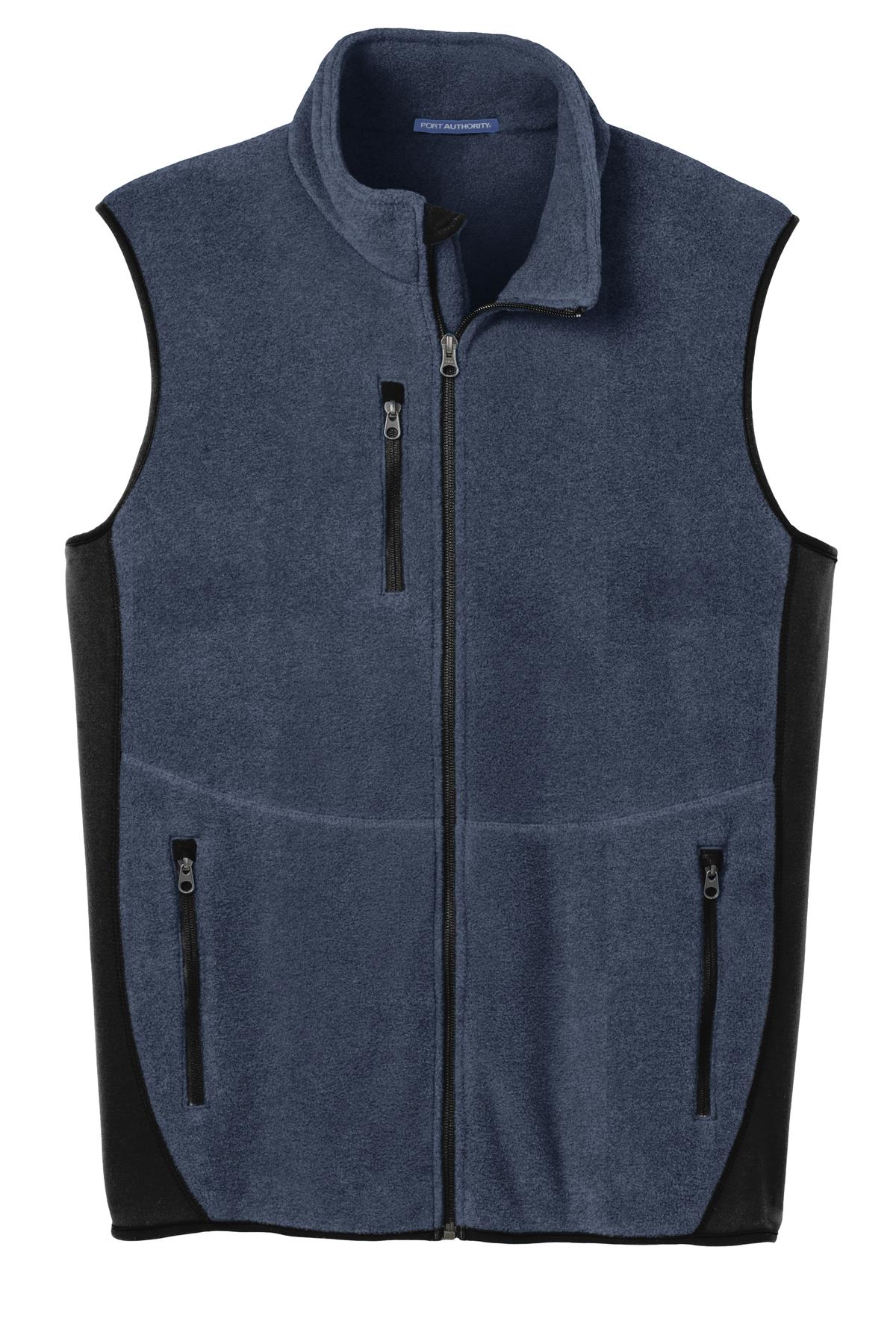 Front View of Navy Hthr/Blk Port Authority R-Tek Pro Fleece Full-Zip Vest. F228