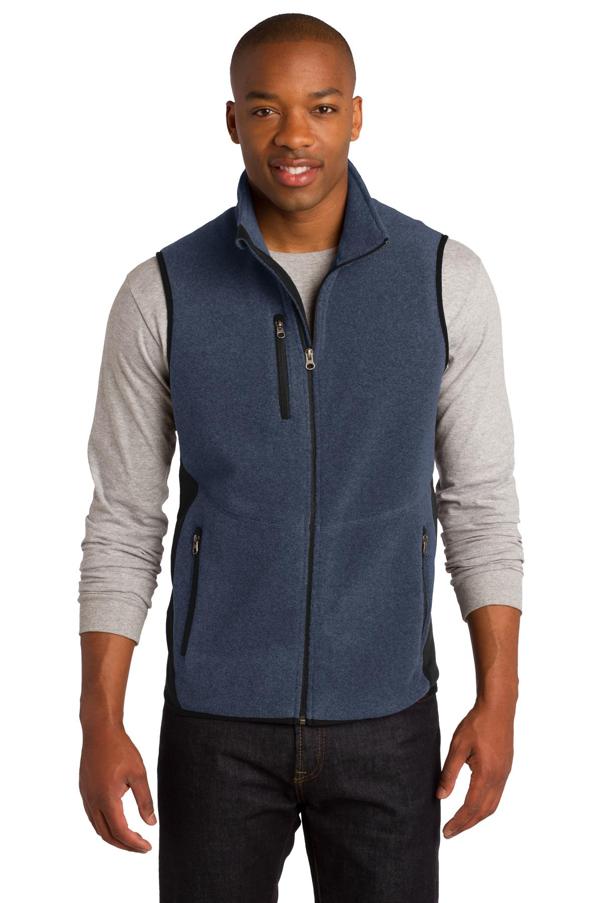 Front View of Navy Hthr/Blk Port Authority R-Tek Pro Fleece Full-Zip Vest. F228
