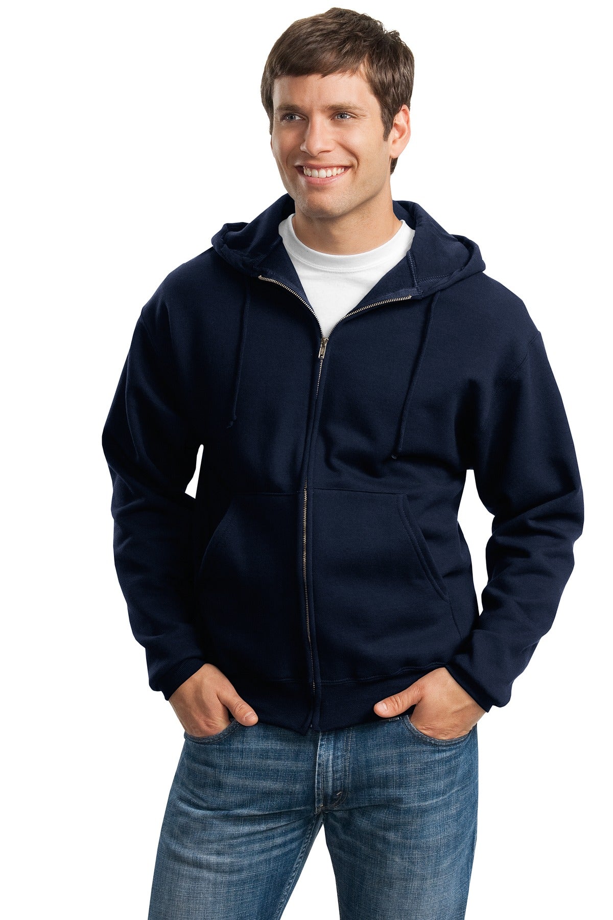 Front View of Navy Jerzees Super Sweats NuBlend - Full-Zip Hooded Sweatshirt. 4999M
