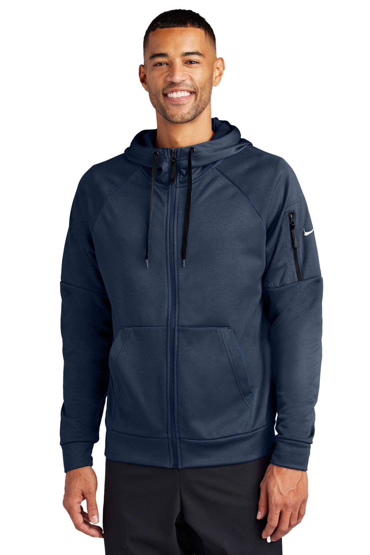 Front View of Navy Nike Therma-FIT Pocket Full-Zip Fleece Hoodie NKFD9859