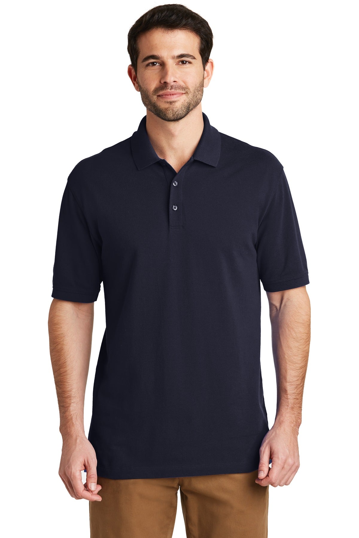 Front View of Navy Port Authority EZCotton Polo. K8000