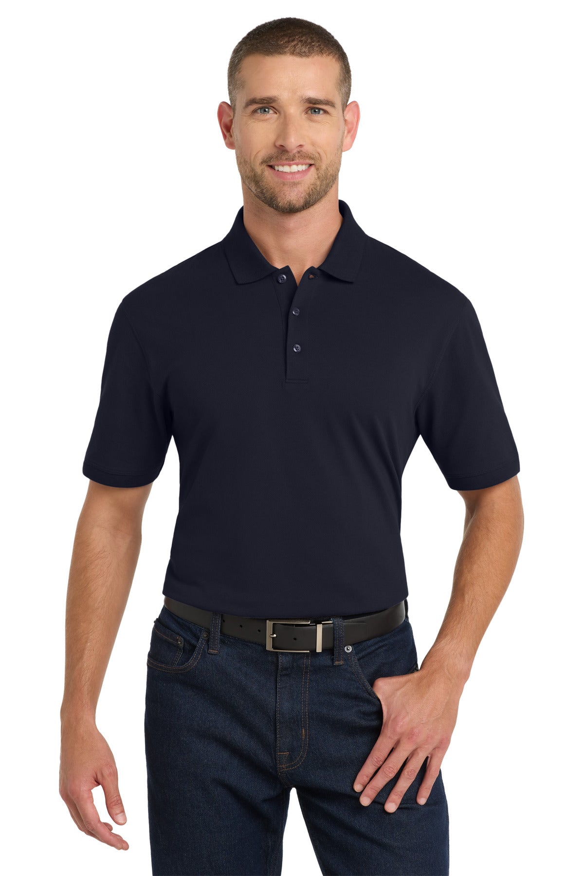 Front View of Navy Port Authority EZCotton Polo. K8000