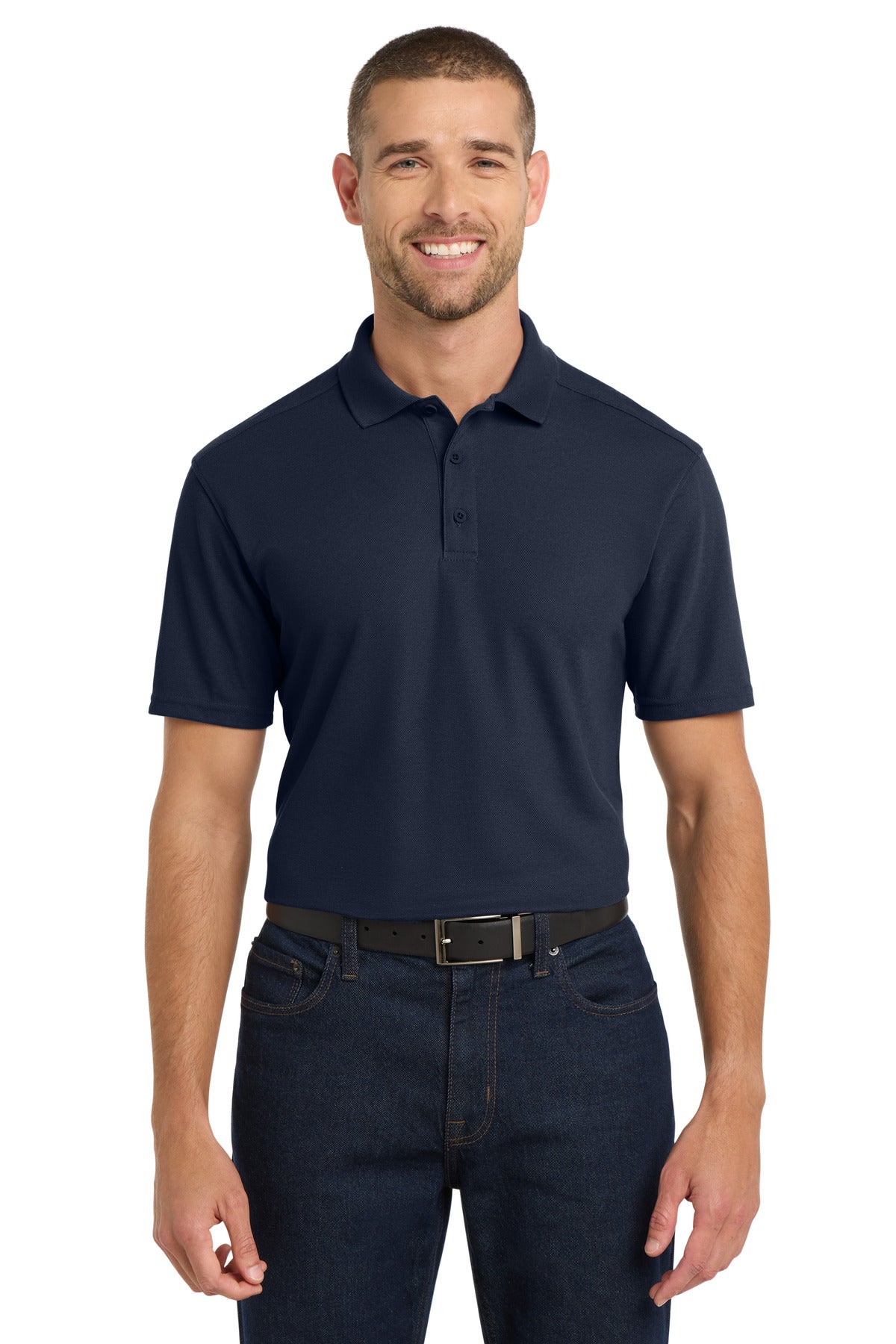 Front View of Navy Port Authority EZPerformance Pique Polo. K600