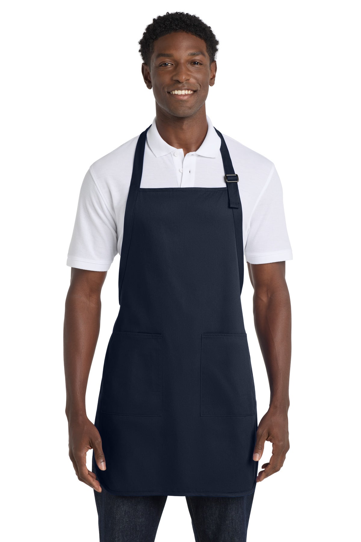 Front View of Navy Port Authority Full-Length Apron with Pockets. A500