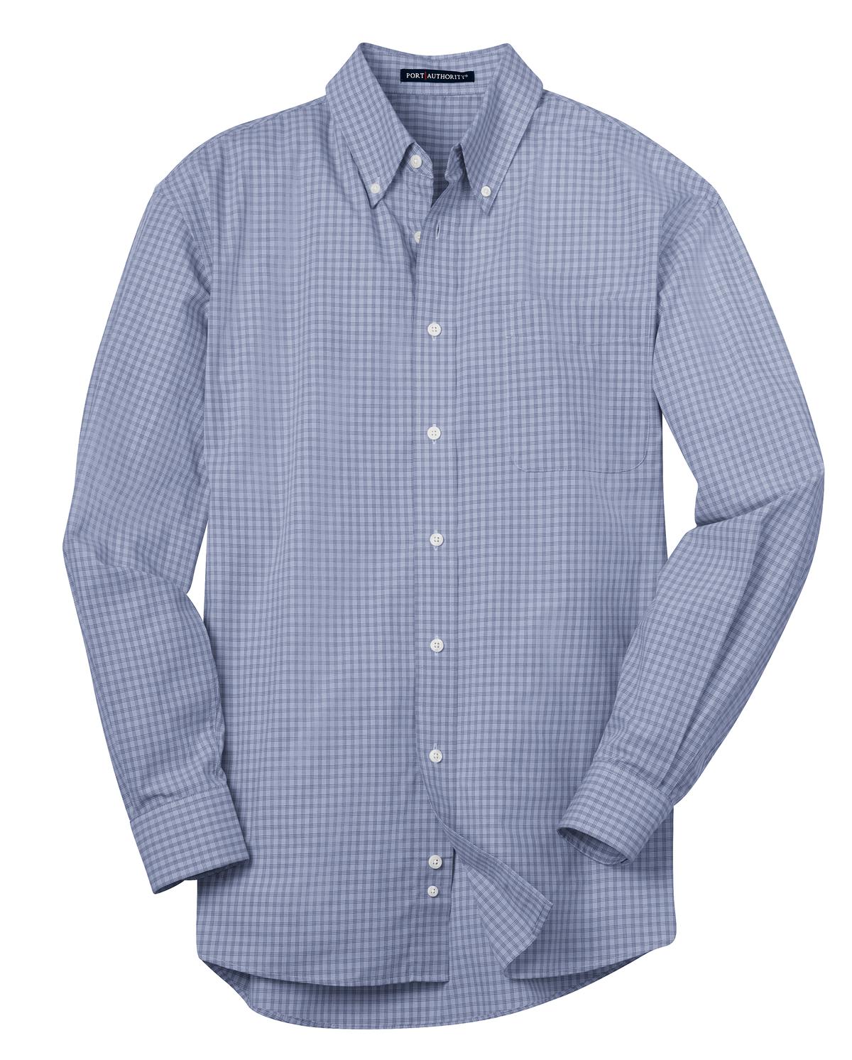 Front View of Navy Port Authority Plaid Pattern Easy Care Shirt. S639