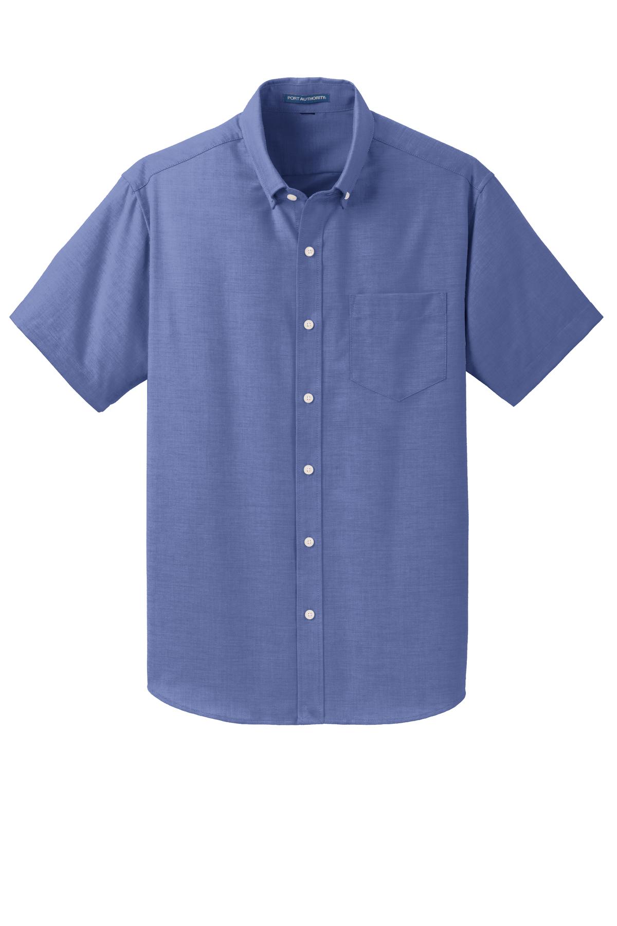 Front View of Navy Port Authority Short Sleeve SuperPro Oxford Shirt. S659
