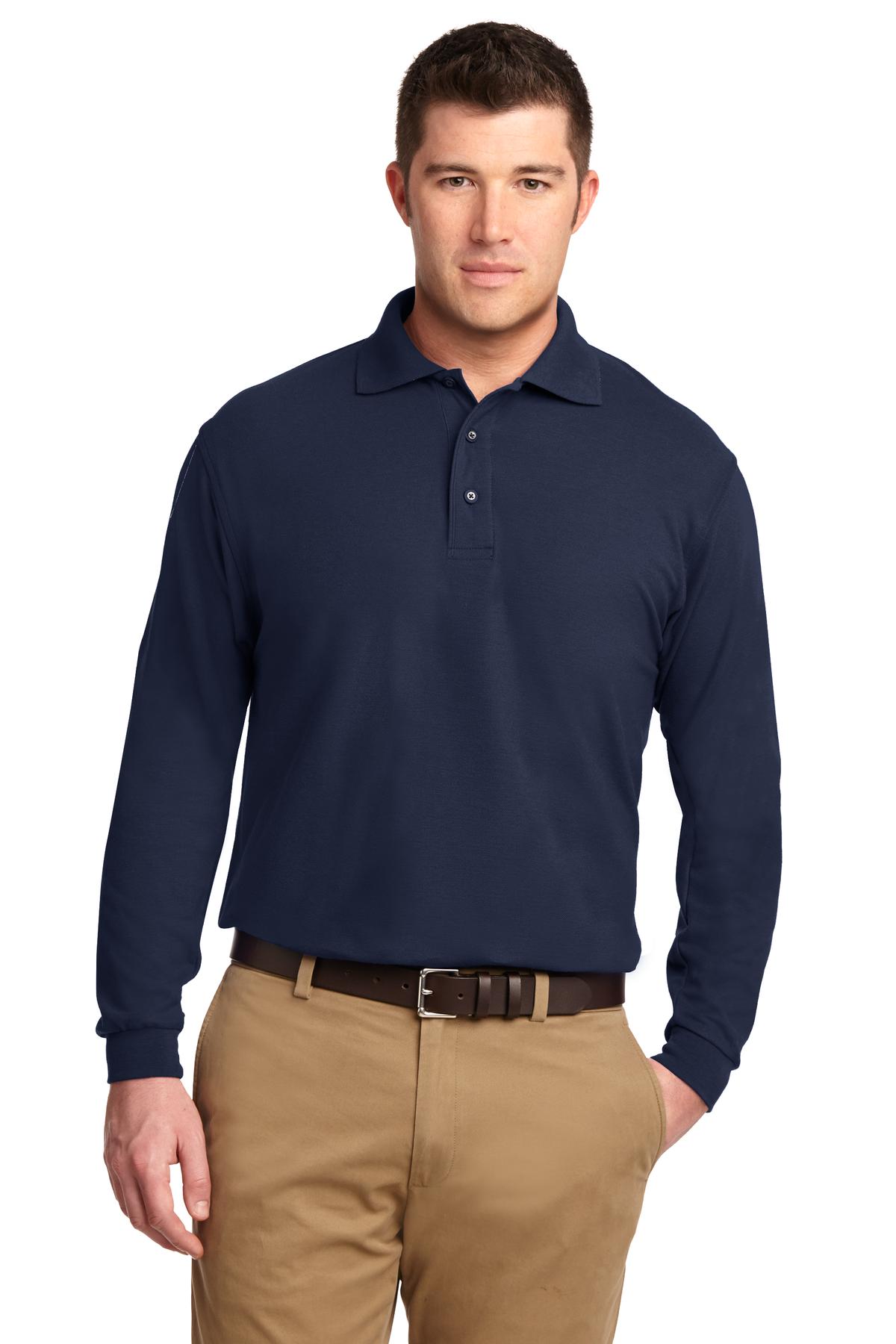 Front View of Navy Port Authority Tall Silk Touch Long Sleeve Polo. TLK500LS