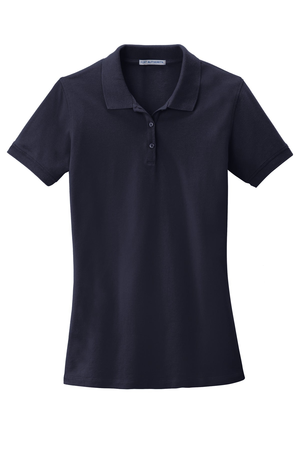Front View of Navy Port Authority Women's EZCotton Polo. LK8000