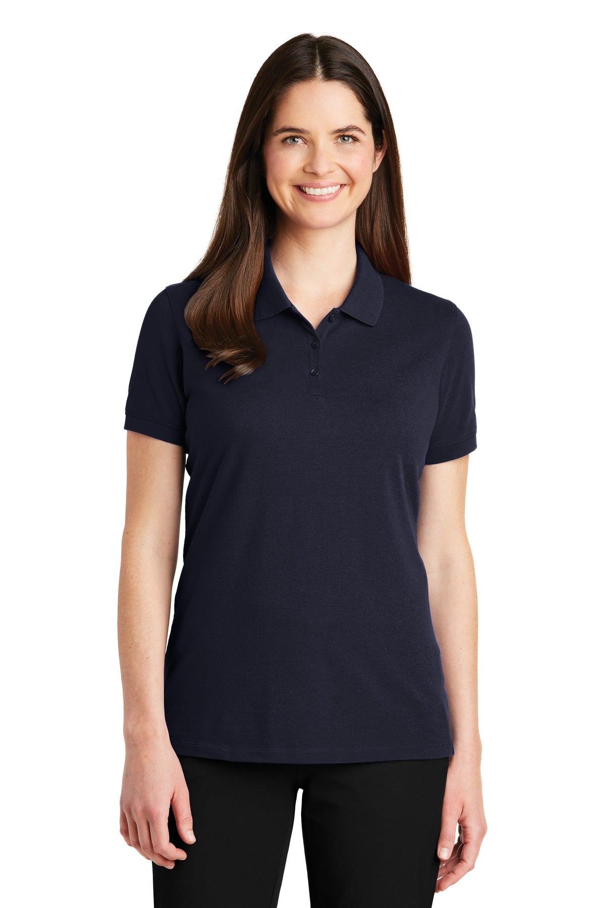 Front View of Navy Port Authority Women's EZCotton Polo. LK8000