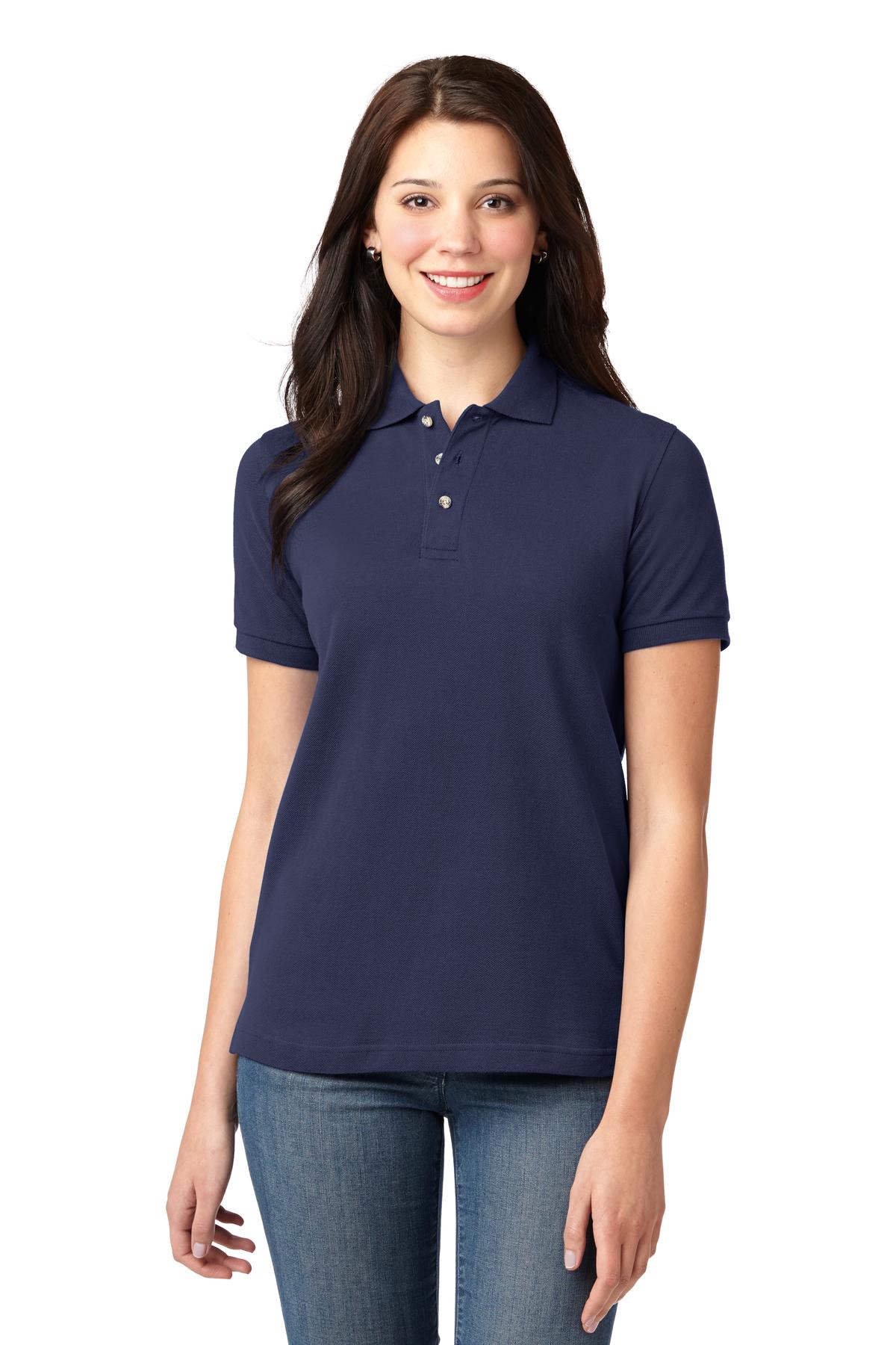 Front View of Navy Port Authority Women's Heavyweight Cotton Pique Polo. L420