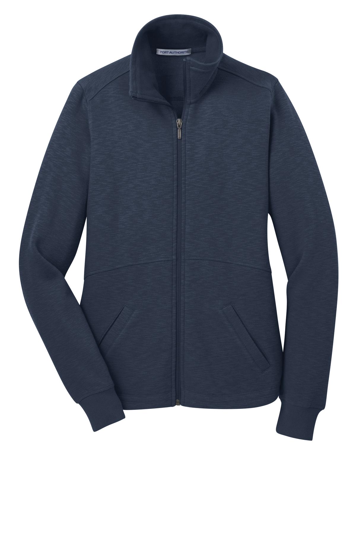 Front View of Navy Port Authority Women's Slub Fleece Full-Zip Jacket. L293