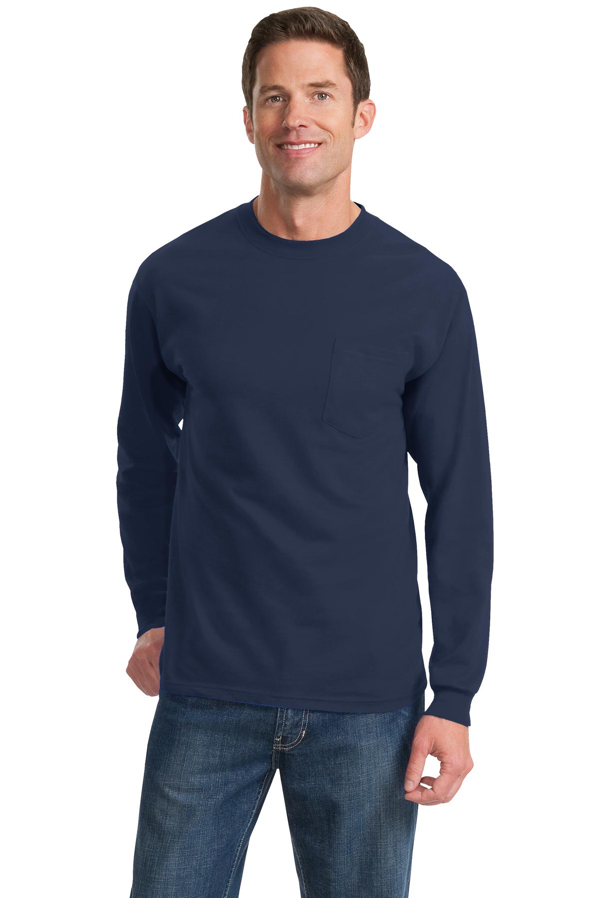 Front View of Navy Port & Company Tall Long Sleeve Essential Pocket Tee. PC61LSPT