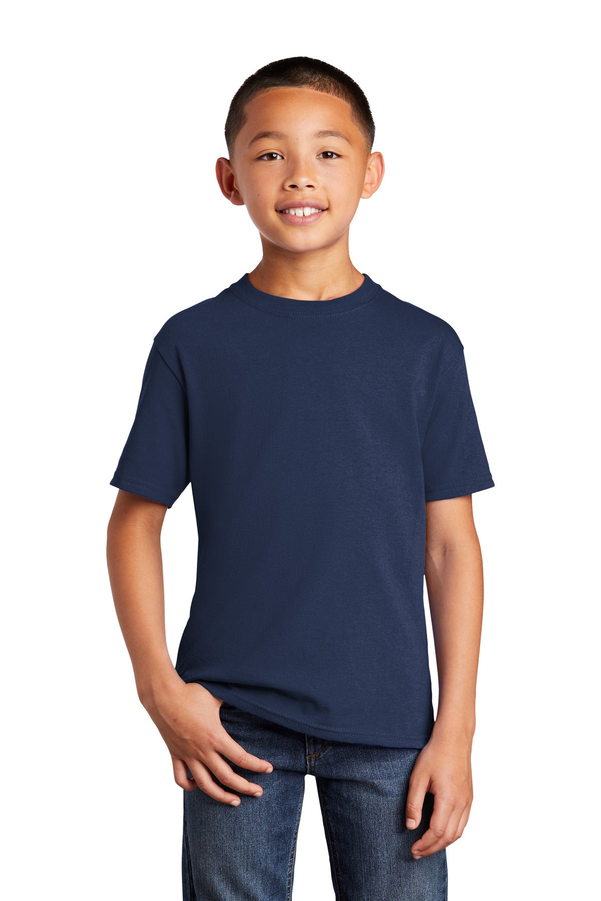 Front View of Navy Port & Company Youth Core Cotton DTG Tee PC54YDTG