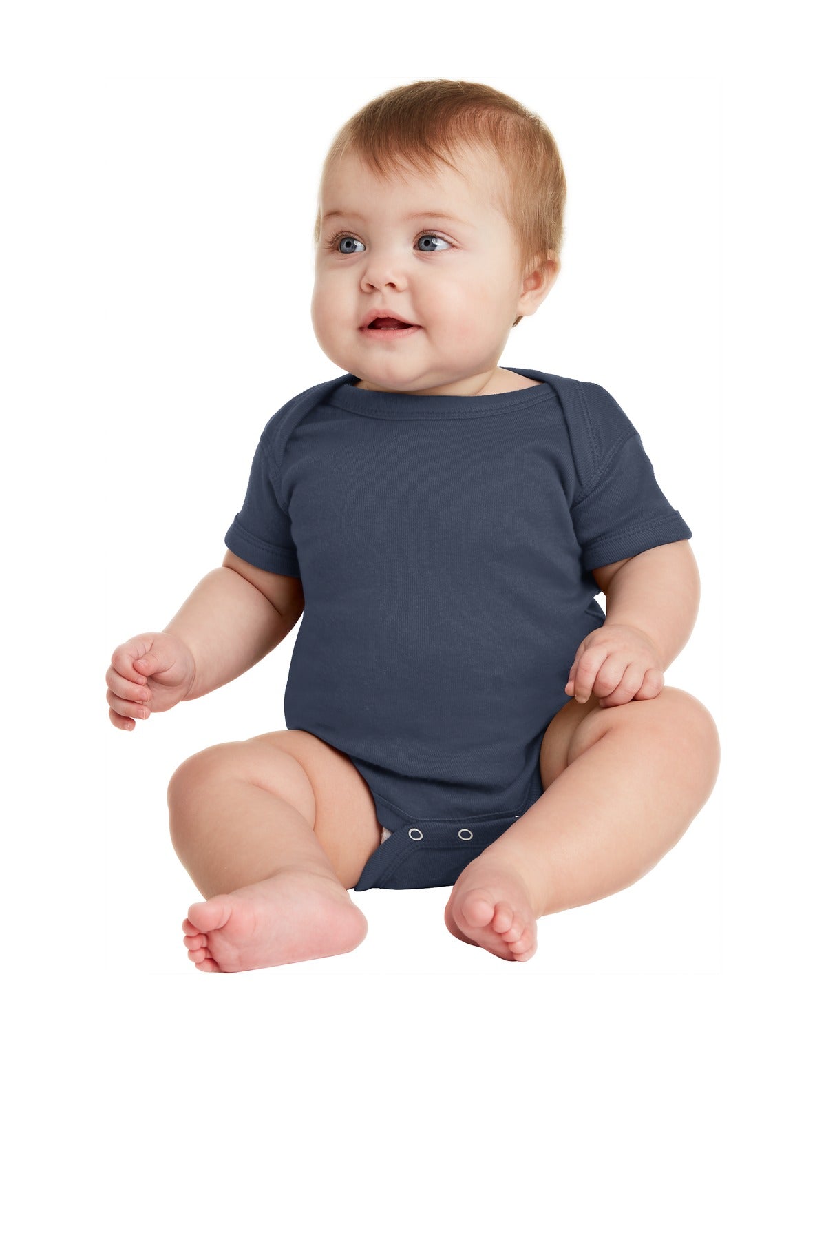 Front View of Navy Rabbit Skins Infant Short Sleeve Baby Rib Bodysuit. RS4400