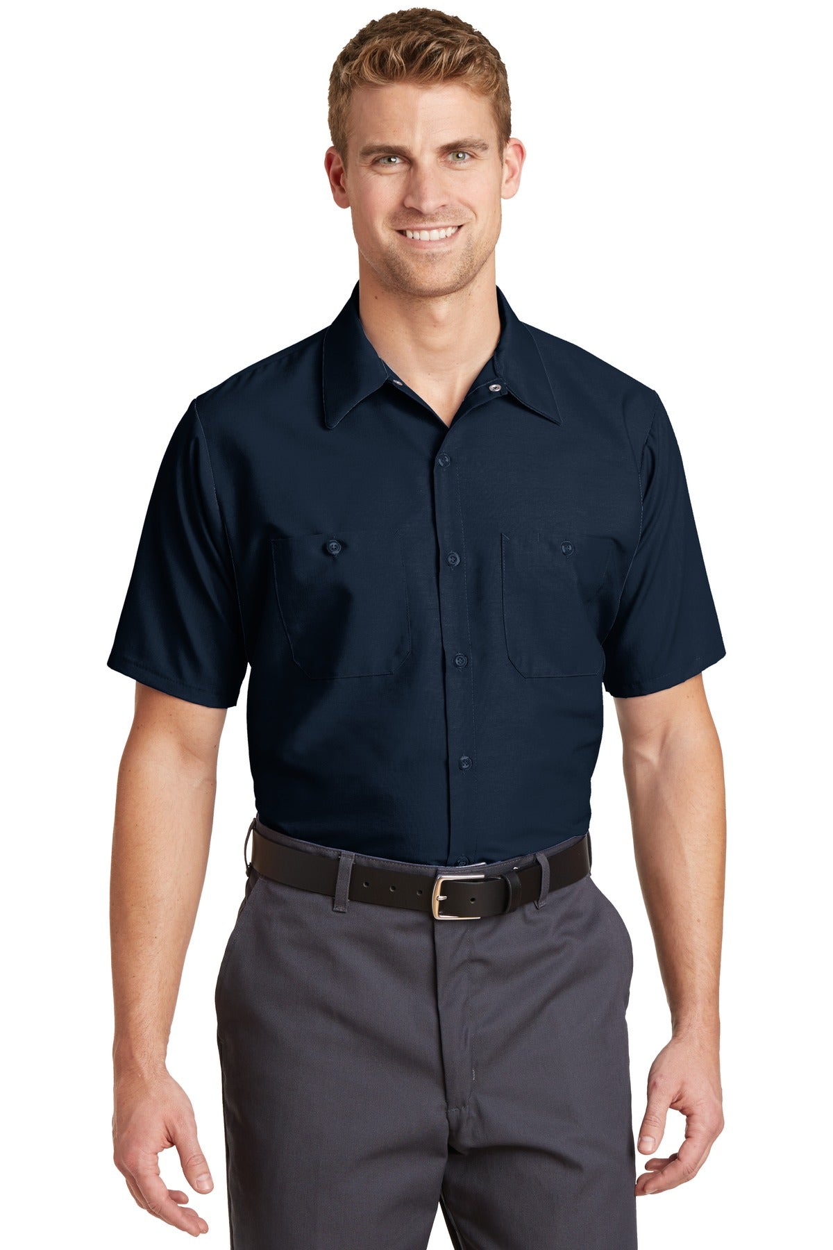 Front View of Navy Red Kap Long Size, Short Sleeve Industrial Work Shirt. SP24LONG