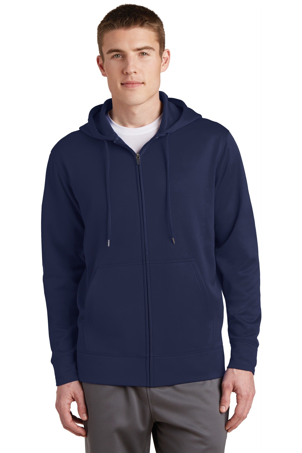 Front View of Navy Sport-Tek Sport-Wick Fleece Full-Zip Hooded Jacket. ST238