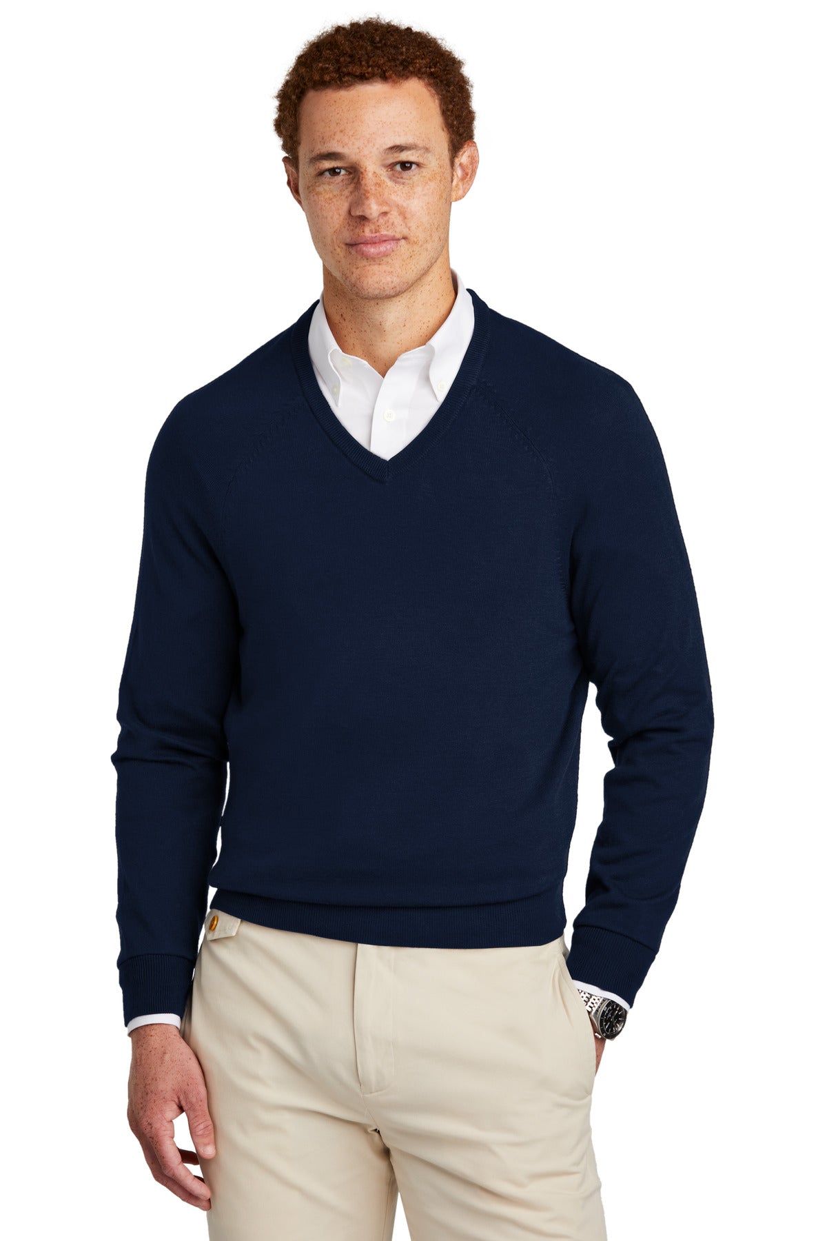 Front View of NavyBlazer Brooks Brothers Cotton Stretch V-Neck Sweater BB18400