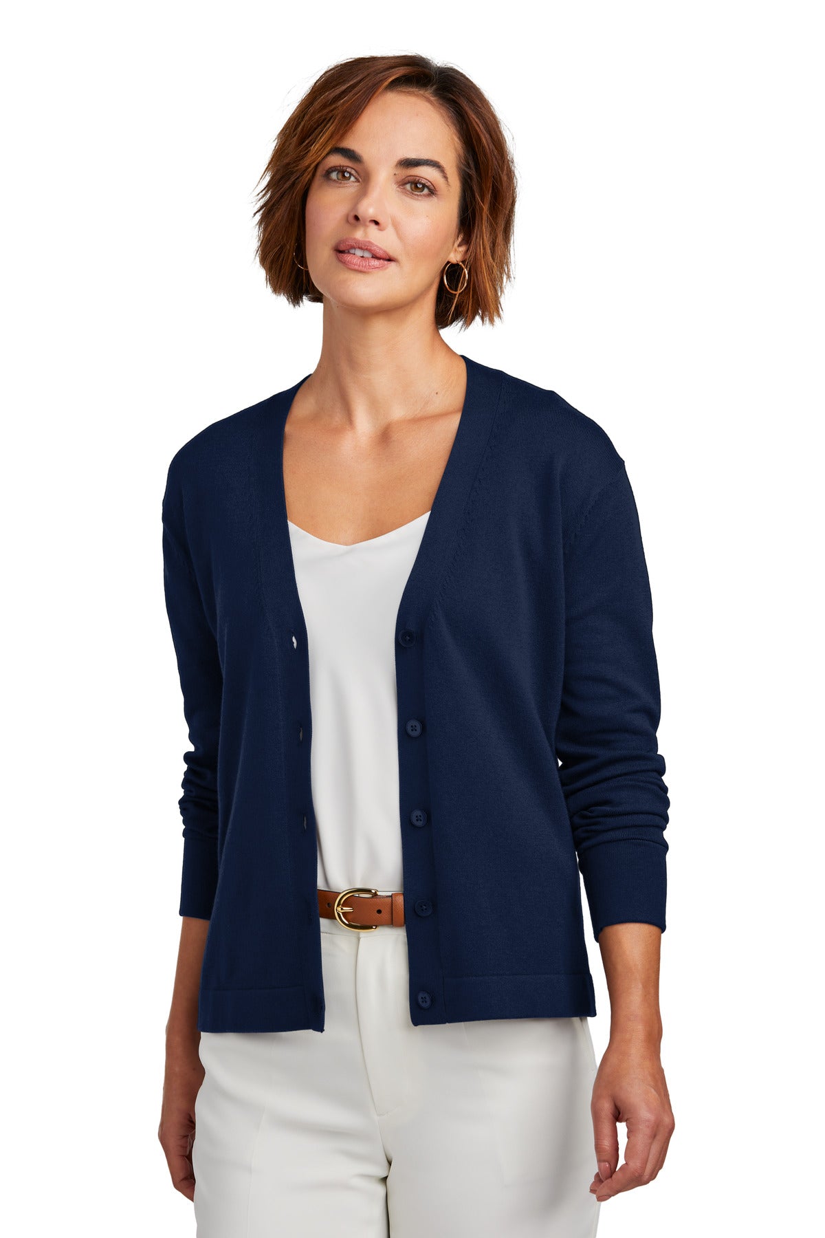 Front View of NavyBlazer Brooks Brothers Women's Cotton Stretch Cardigan Sweater BB18405
