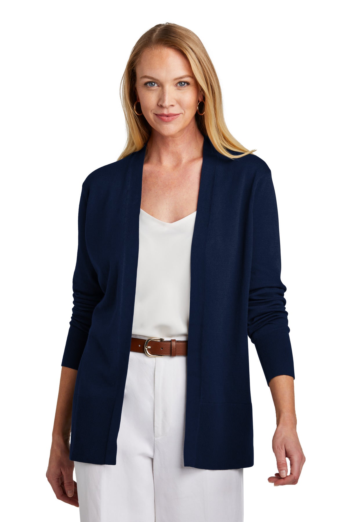 Front View of NavyBlazer Brooks Brothers Women's Cotton Stretch Long Cardigan Sweater BB18403