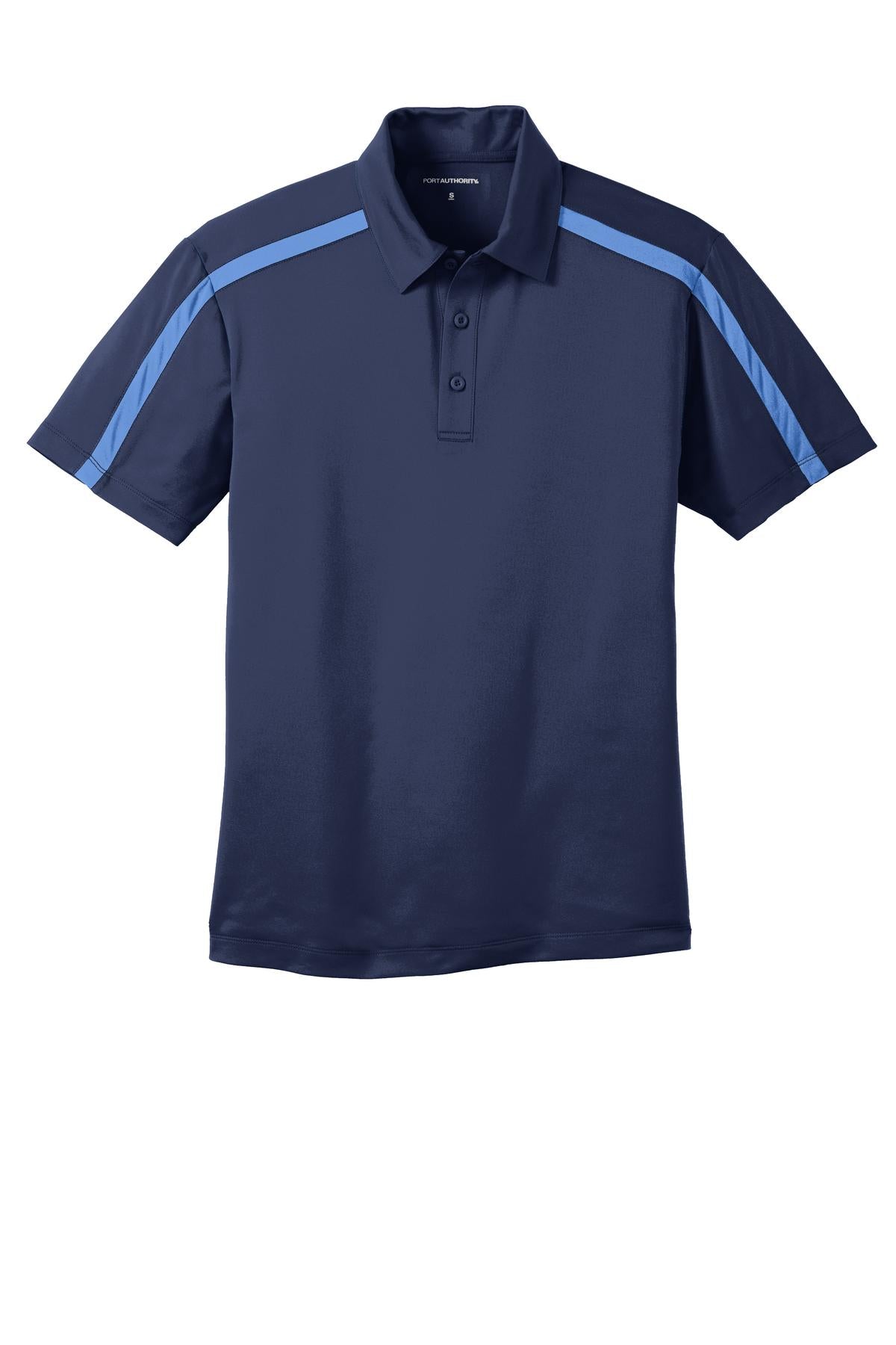 Front View of Navy/CarolinaB Port Authority Silk Touch Performance Colorblock Stripe Polo. K547