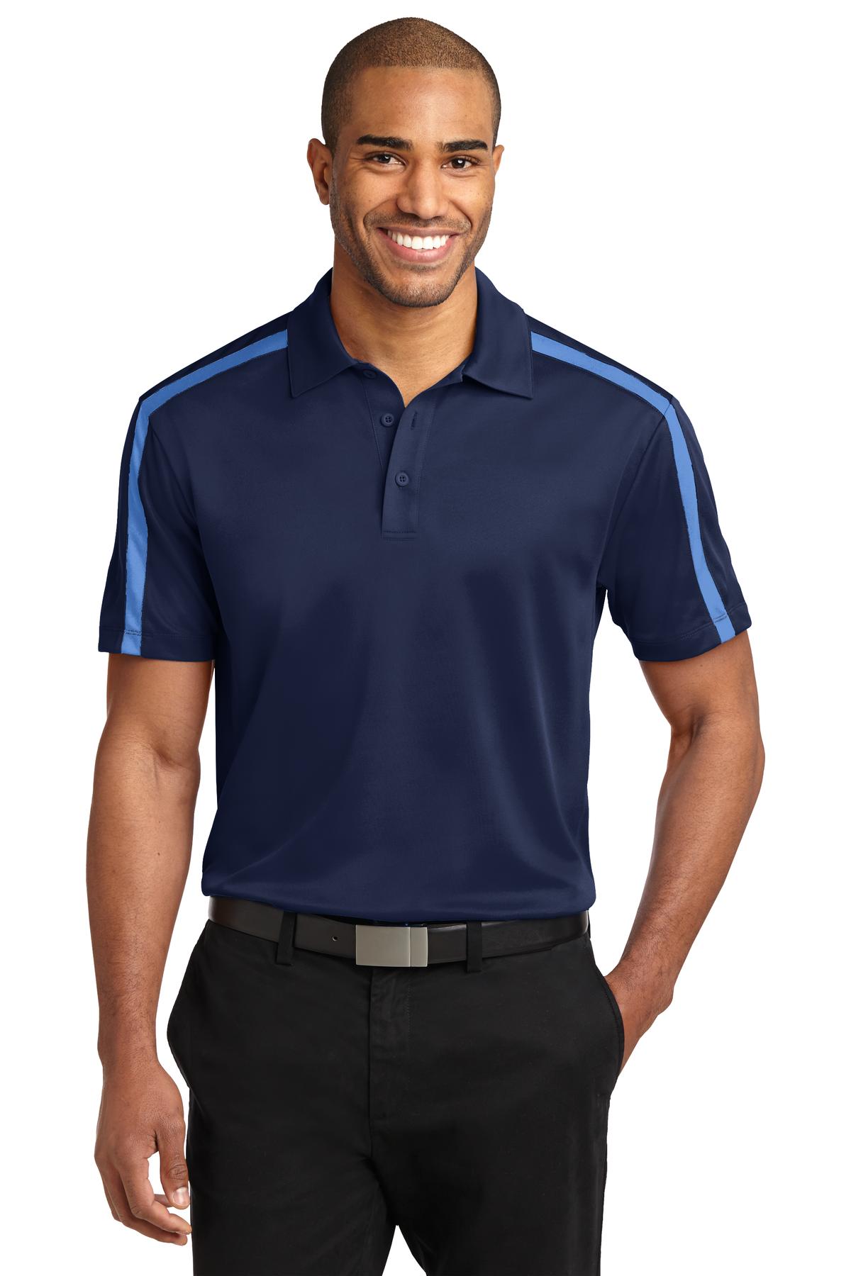 Front View of Navy/CarolinaB Port Authority Silk Touch Performance Colorblock Stripe Polo. K547