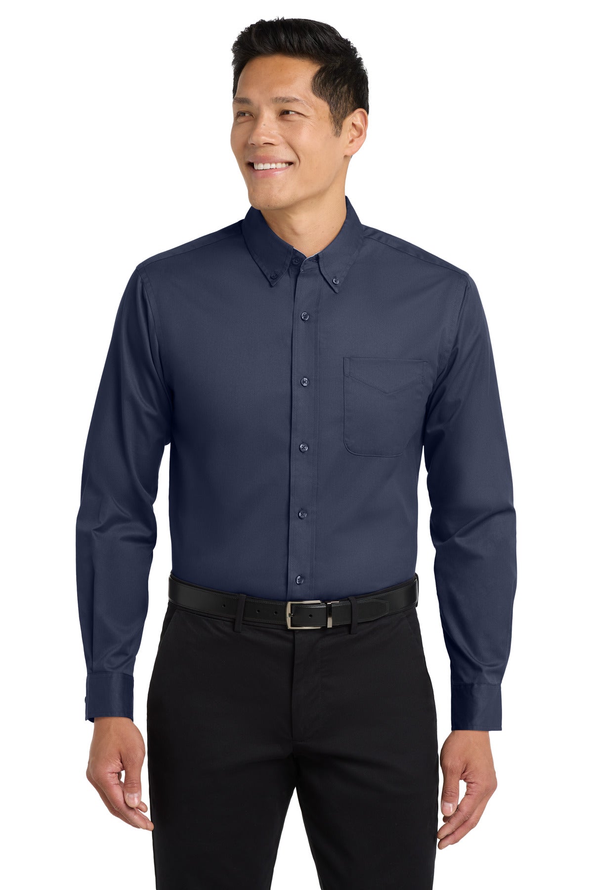 Front View of Navy/Lt Stone Port Authority Extended Size Long Sleeve Easy Care Shirt S608ES