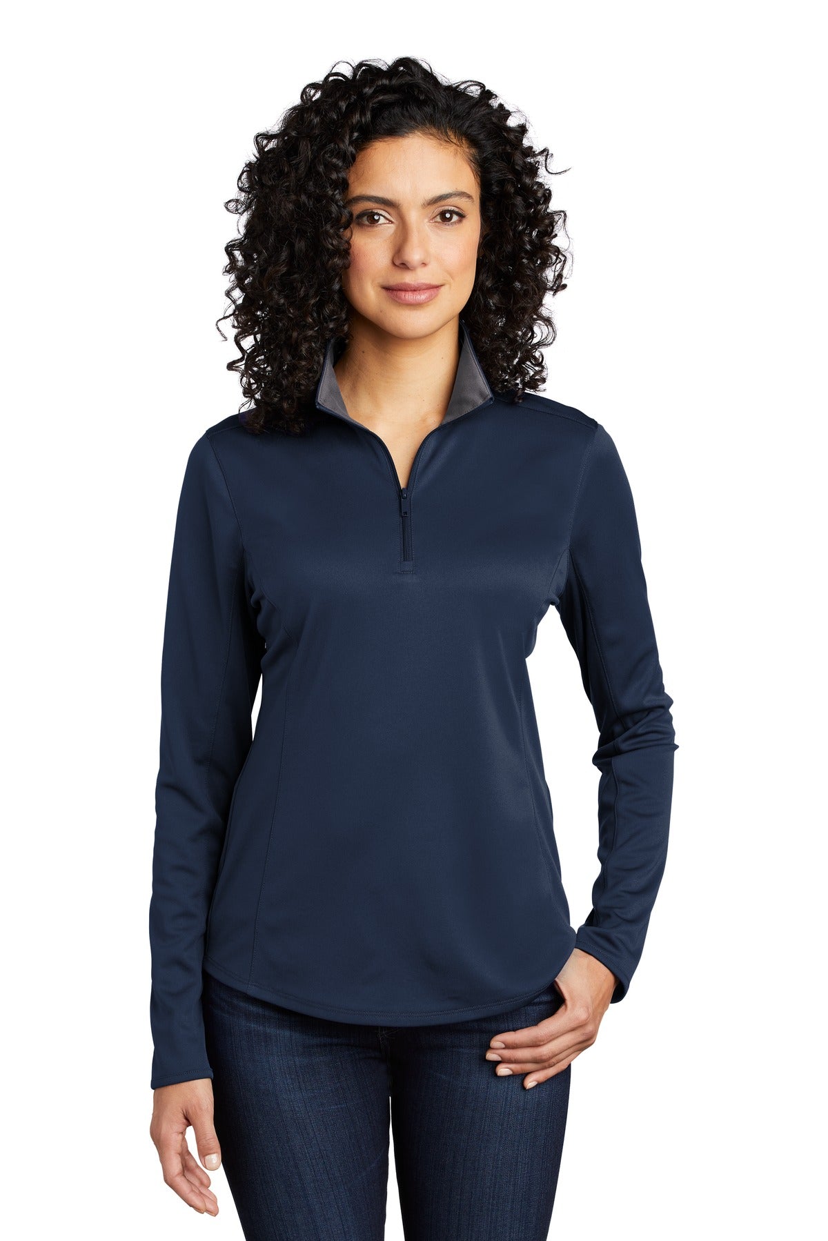 Front View of Navy/Steel Gry Port Authority Women's Silk Touch Performance 1/4-Zip LK584